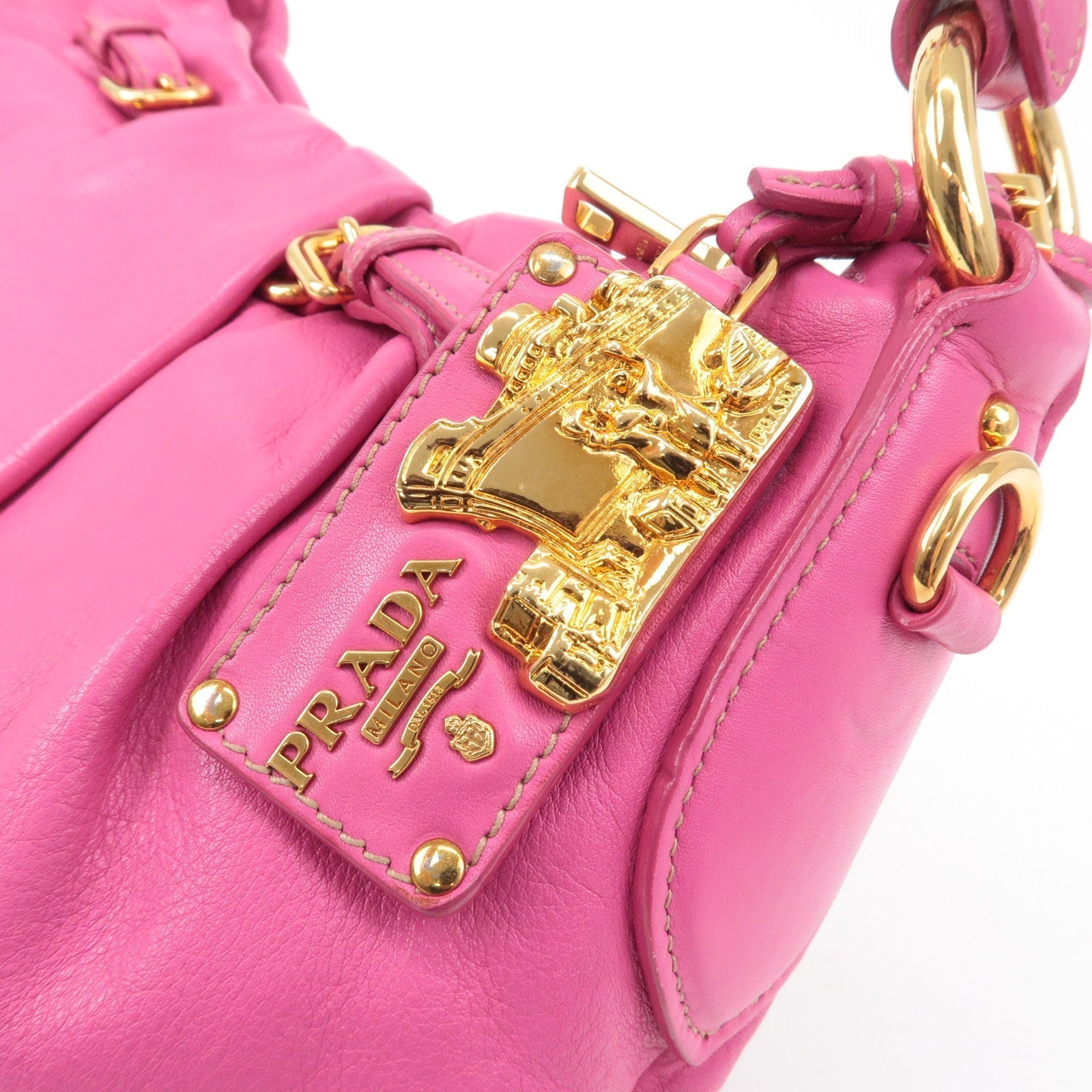 Prada Leather Shoulder Bag Hand Bag Pink Gold BR3795