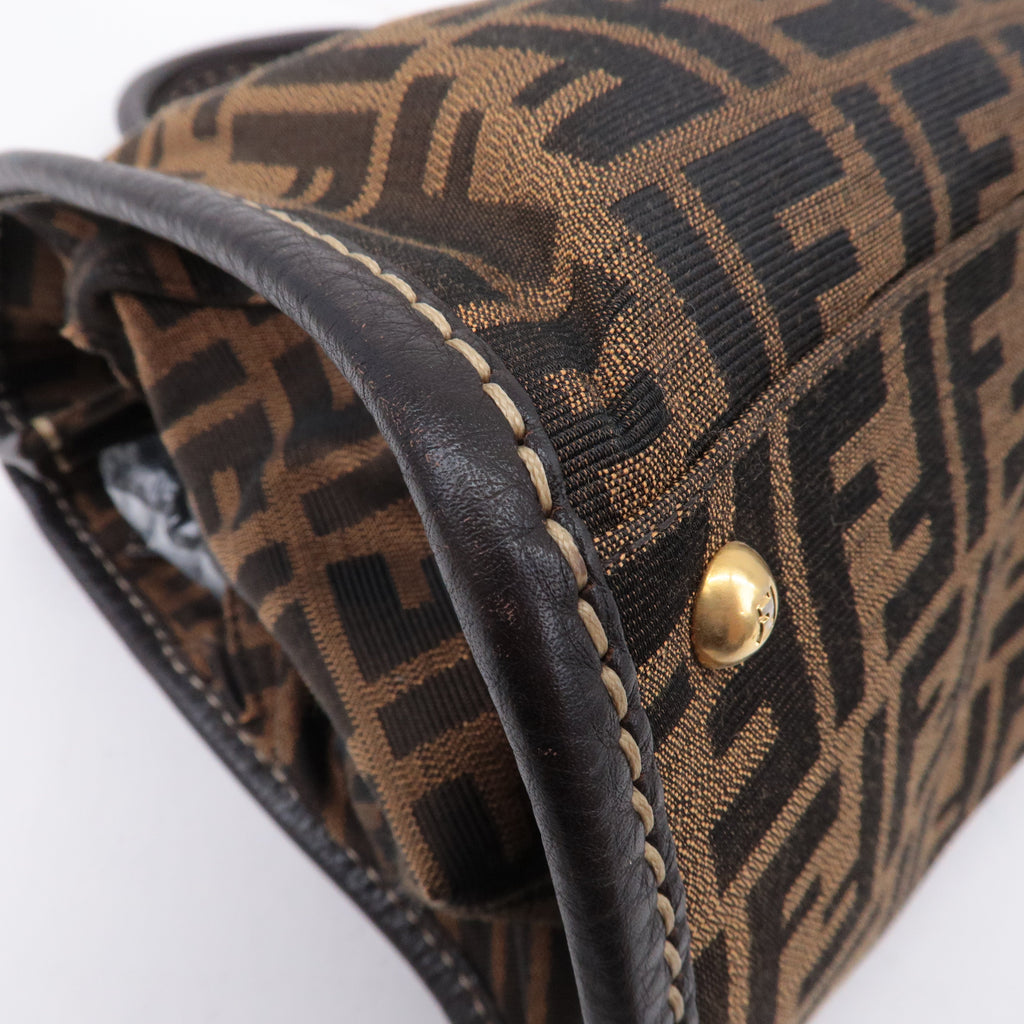 FENDI Selleria Zucca Canvas Leather Hand Bag Brown Black 8BN218