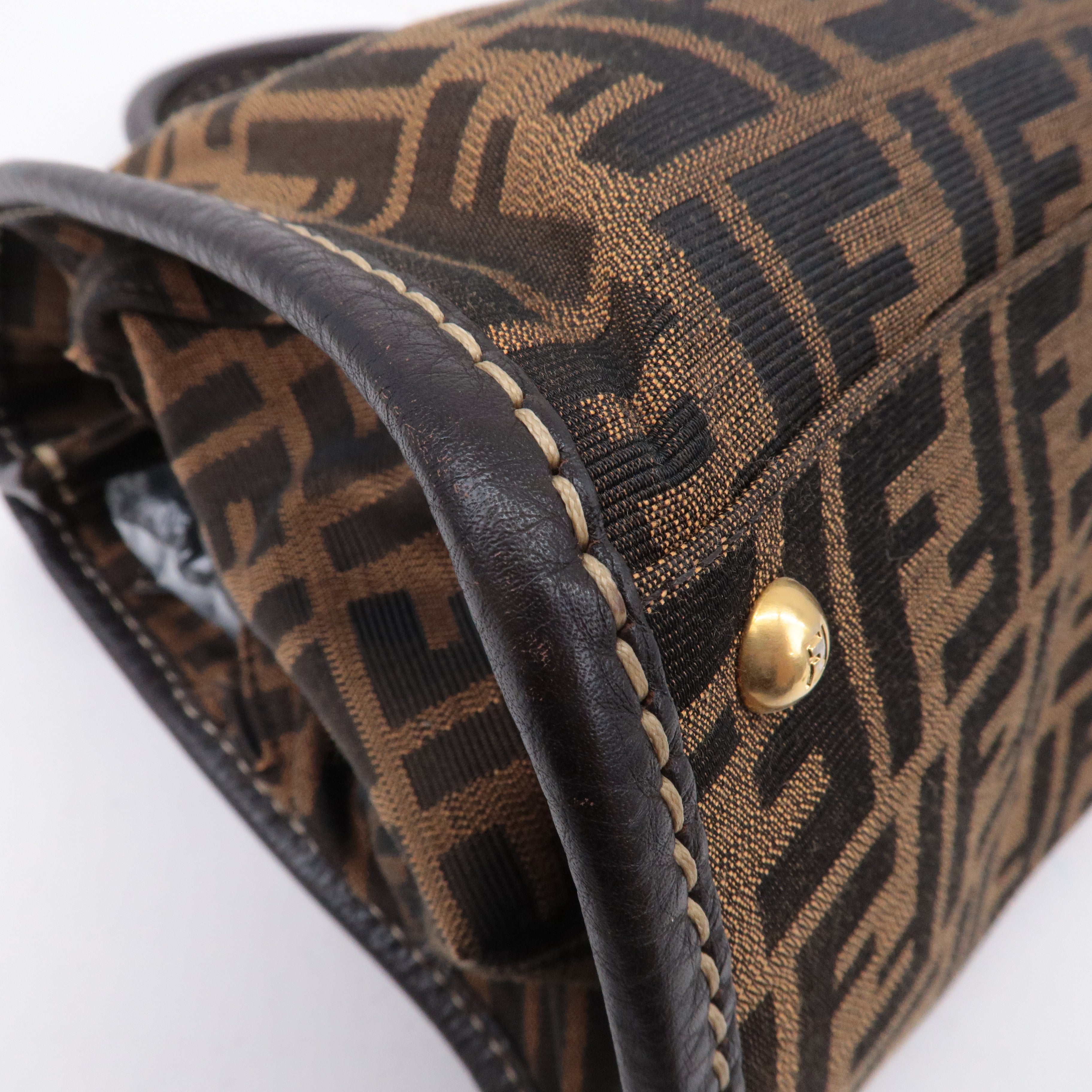 FENDI Selleria Zucca Canvas Leather Hand Bag Brown Black 8BN218