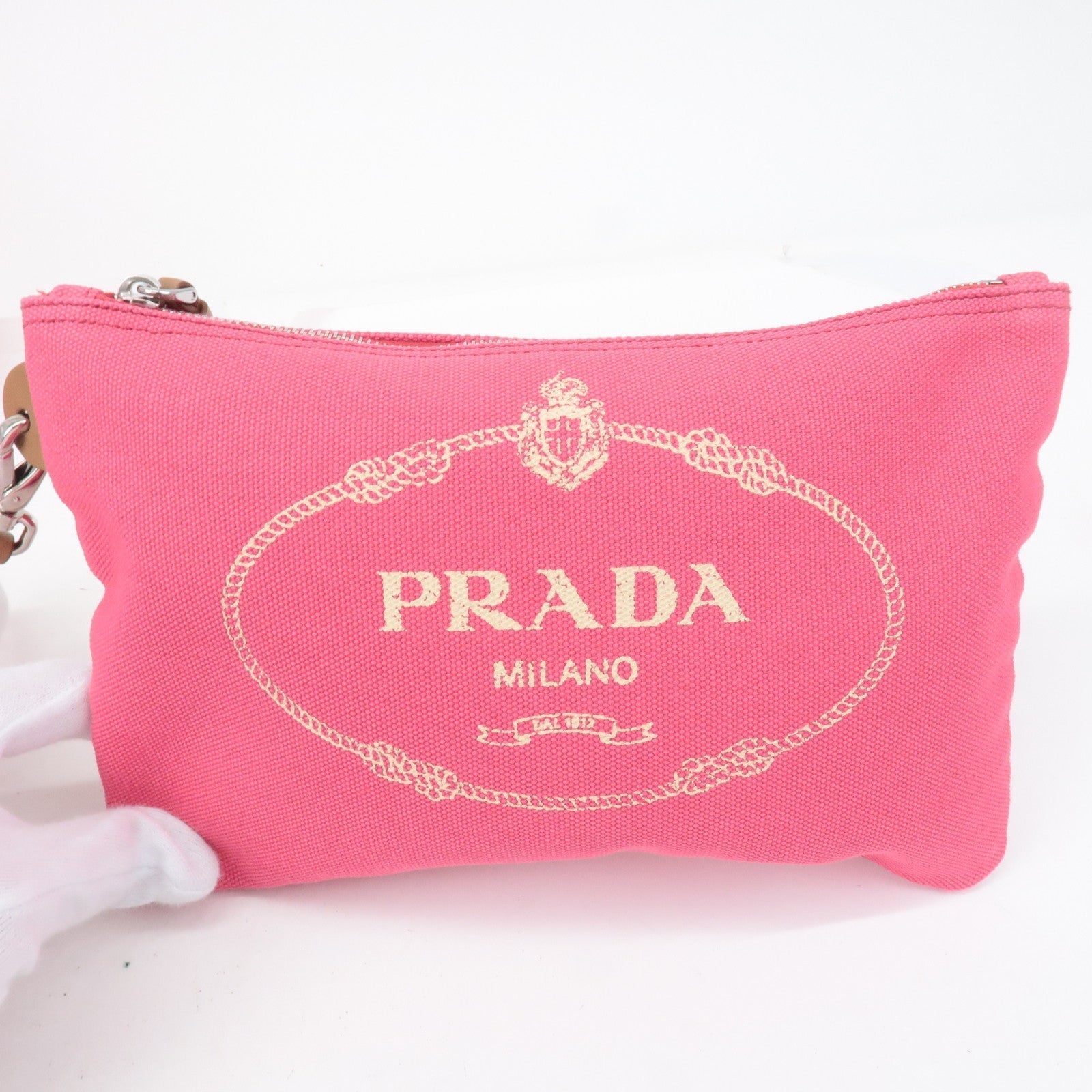 Prada Logo Canapa Canvas Leather Fabric 2Way Bag Pink 1BG163