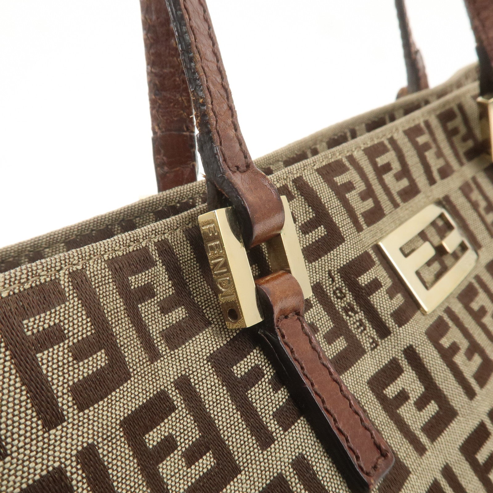 FENDI Zucchino Canvas Leather Mini Tote Bag Beige Brown 8BH132