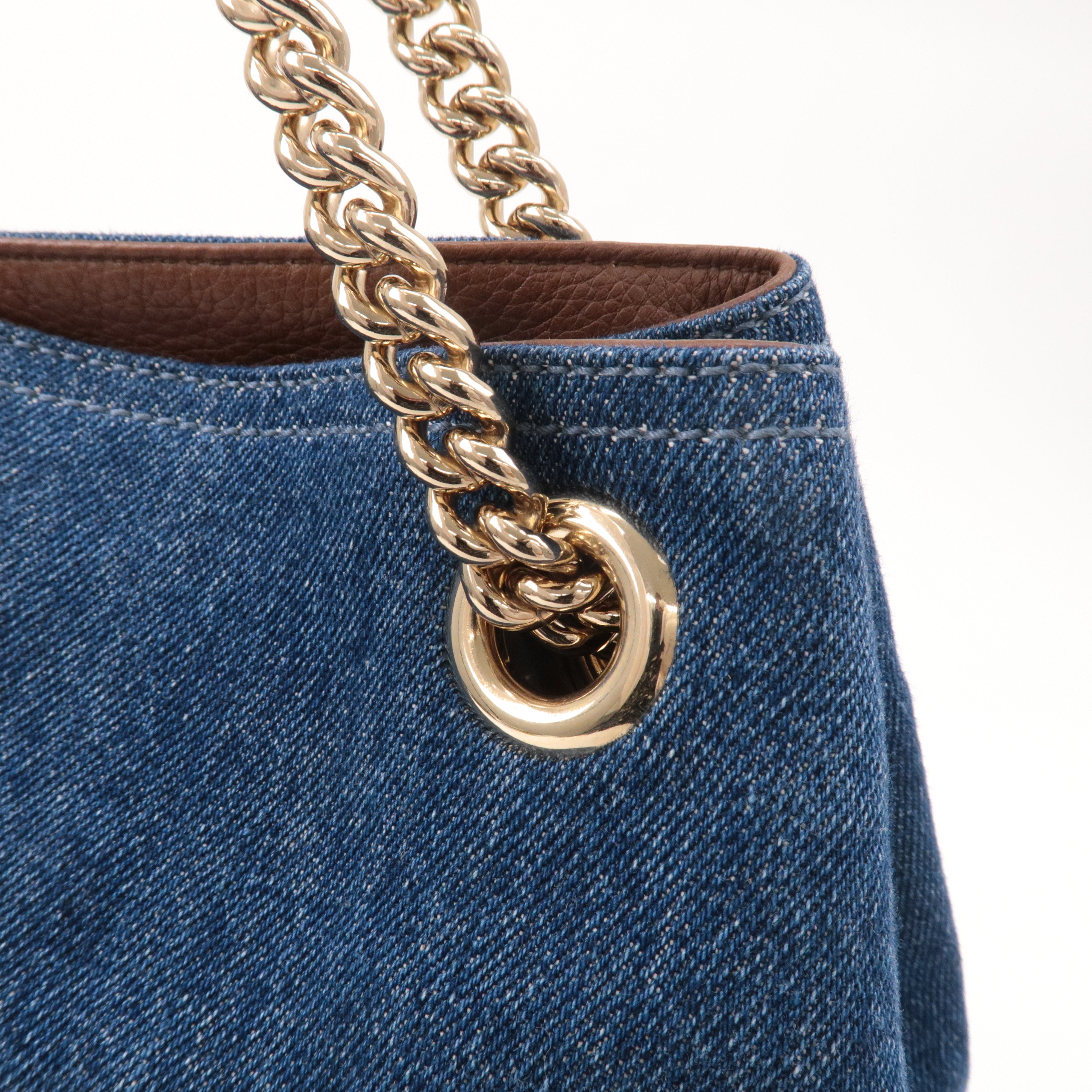 GUCCI SOHO Denim Leather Chain Shoulder Bag Blue Brown 308982