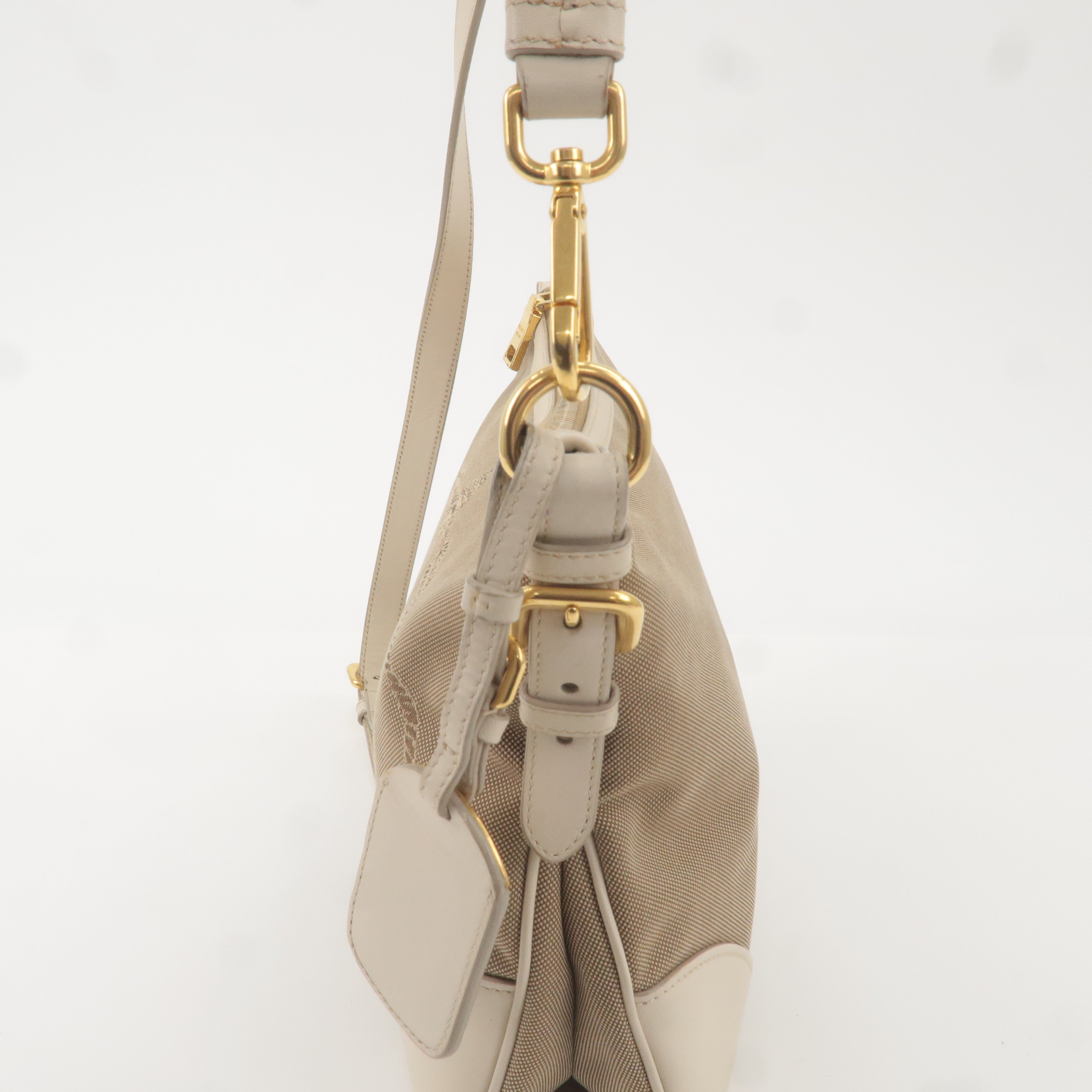 Prada Logo Jacquard Canvas Leather Shoulder Bag Beige Ivory
