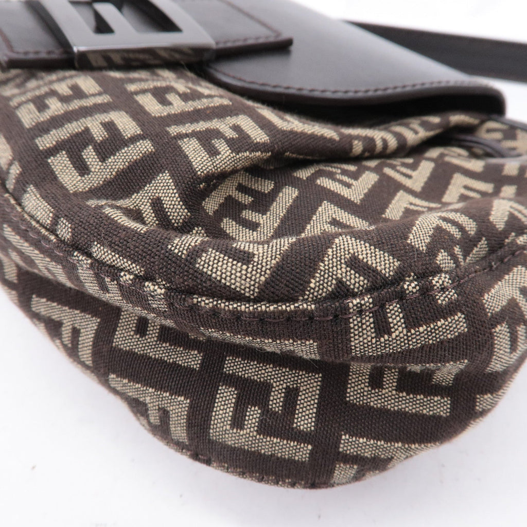 FENDI Zucchino Canvas Leather Shoulder Bag Brown Beige 8BR277