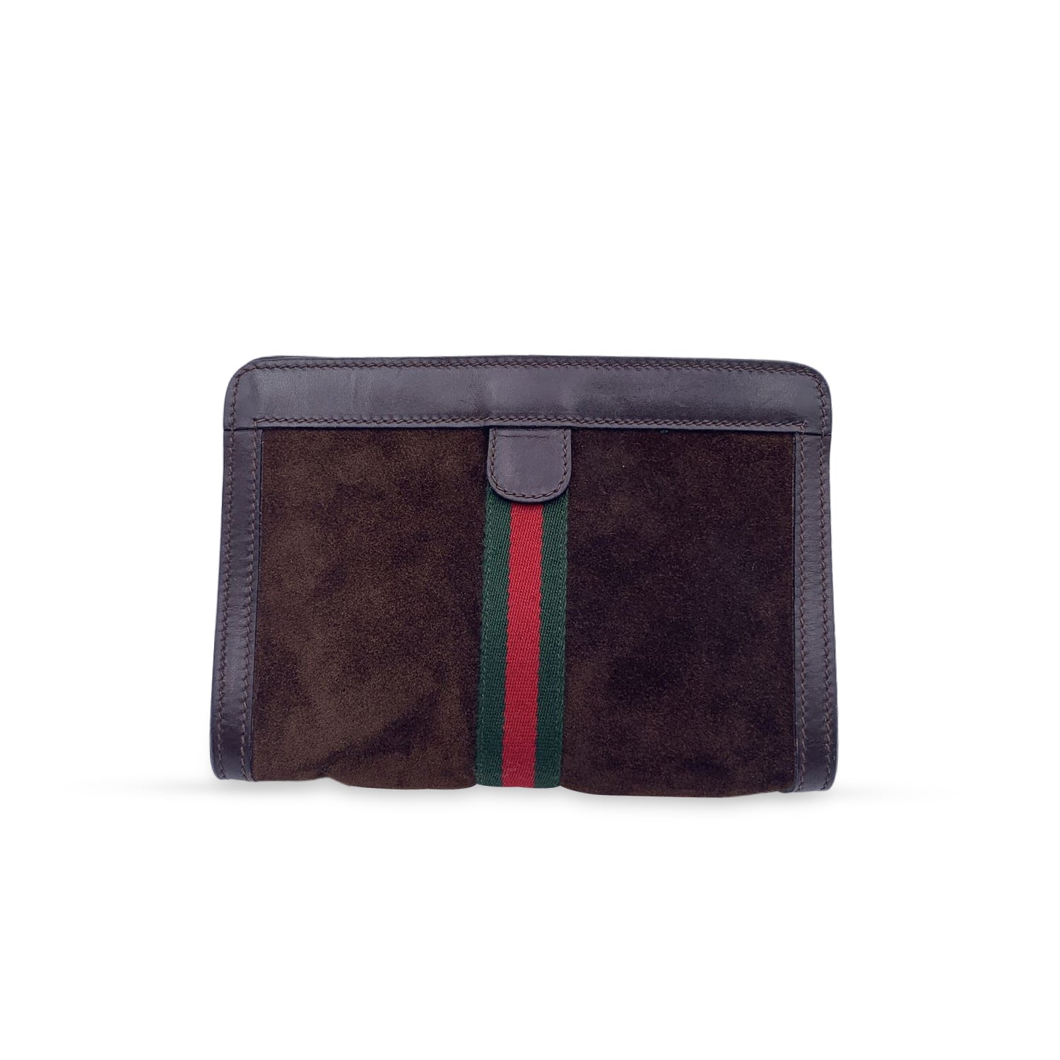 Gucci Vintage Brown Suede Cosmetic Bag Clutch Web with Stripes