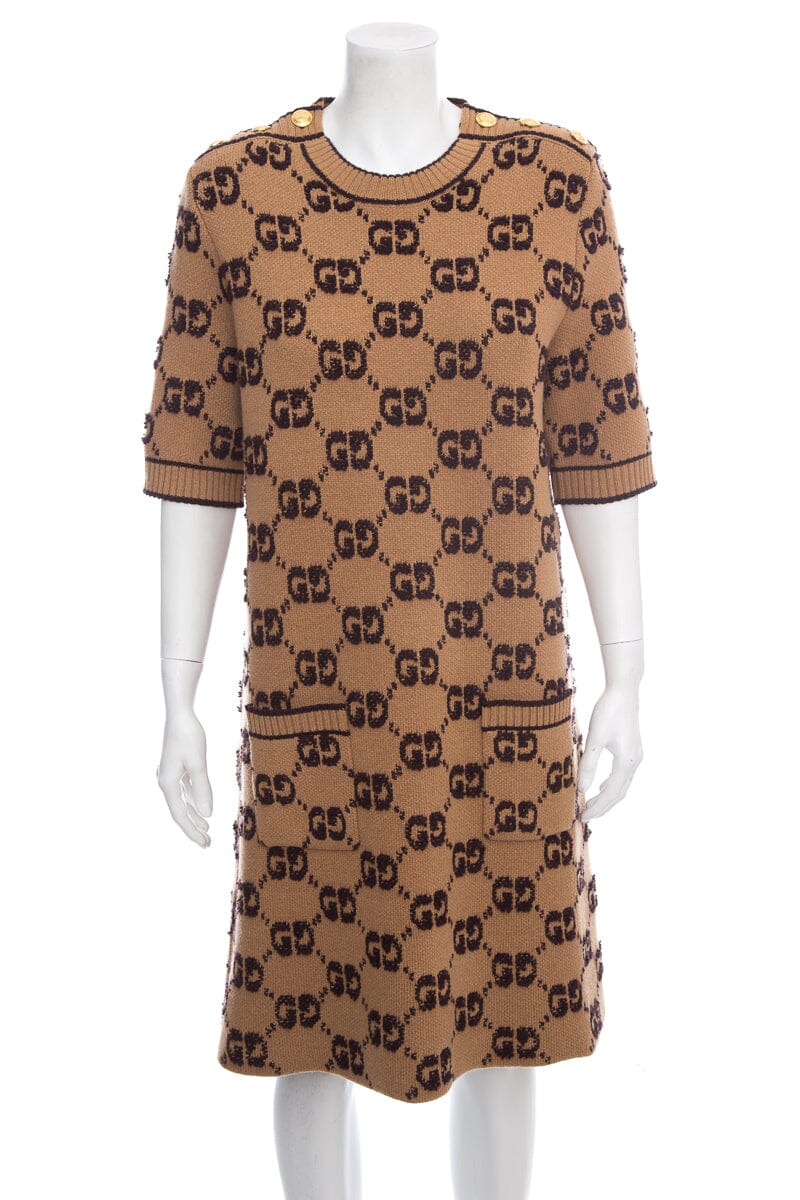 Gucci Brown Wool Monogram Dress SZ XL