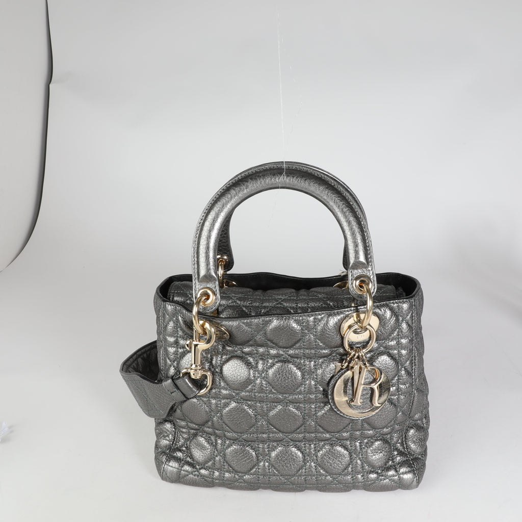 CHRISTIAN DIOR Metallic Silver Supple Cannage Leather Medium Lady Dior Tote