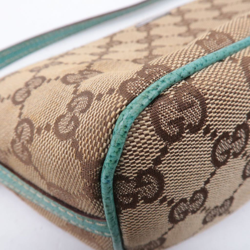 GUCCI Boat Bag GG Canvas Leather Pouch Emerald Green Beige 07198