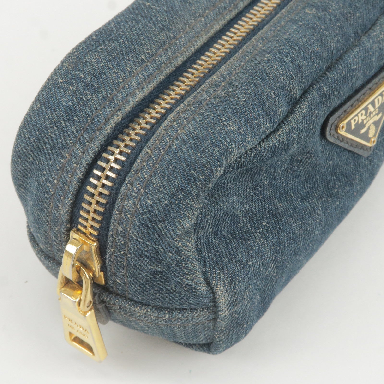 Prada Logo Denim Cosmetic Pouch Clutch Bag Navy Gold Metal