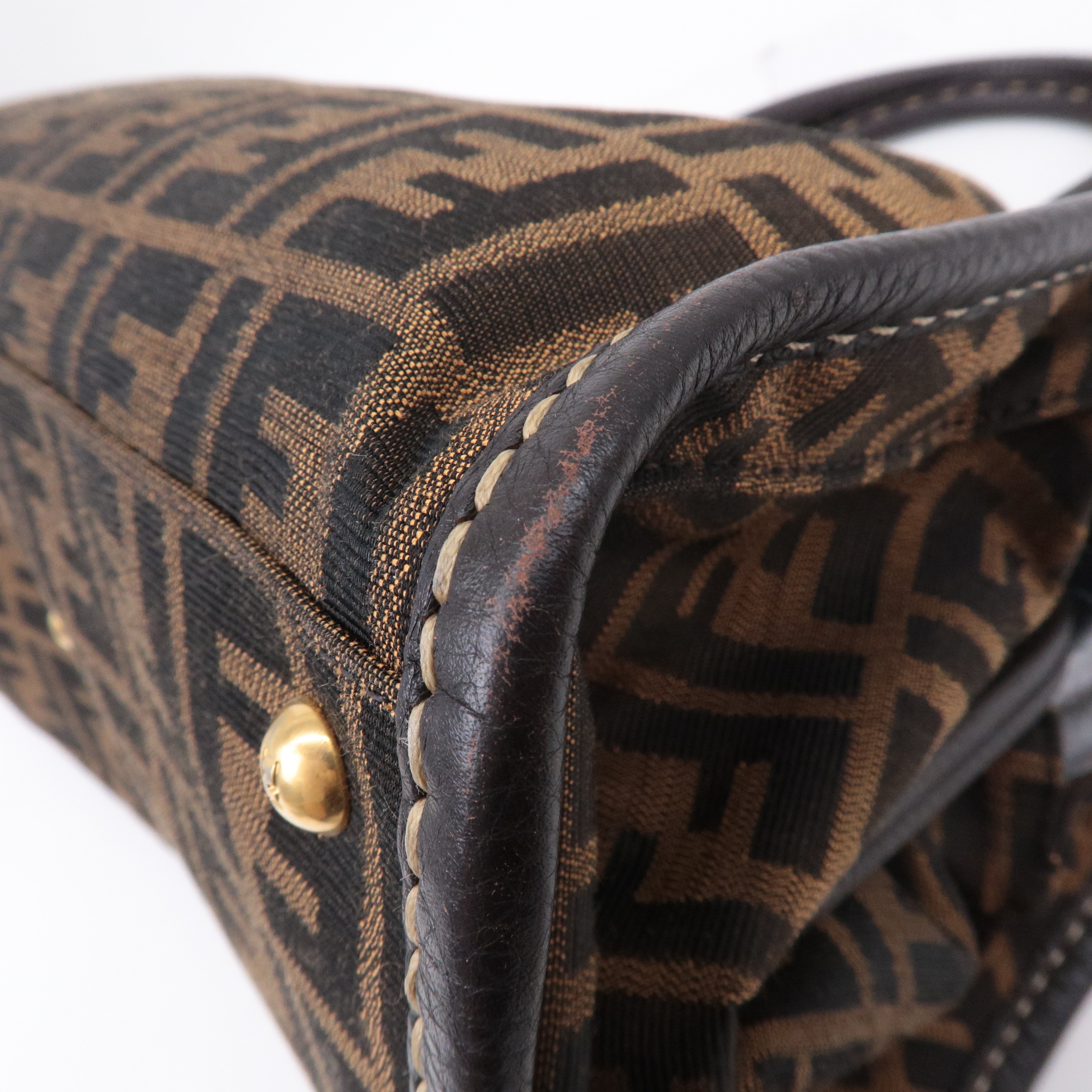 FENDI Selleria Zucca Canvas Leather Hand Bag Brown Black 8BN218