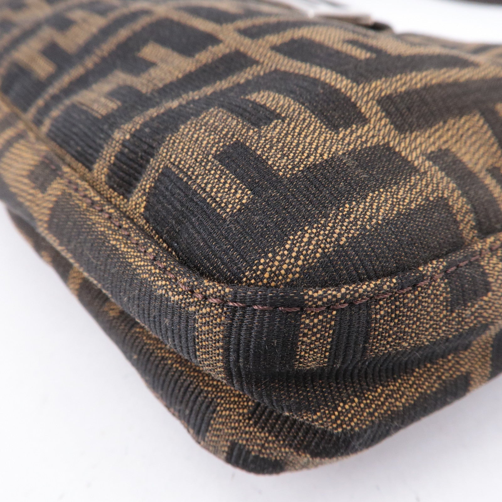 FENDI Zucca Canvas Leather Shoulder Bag Brown Black Brown