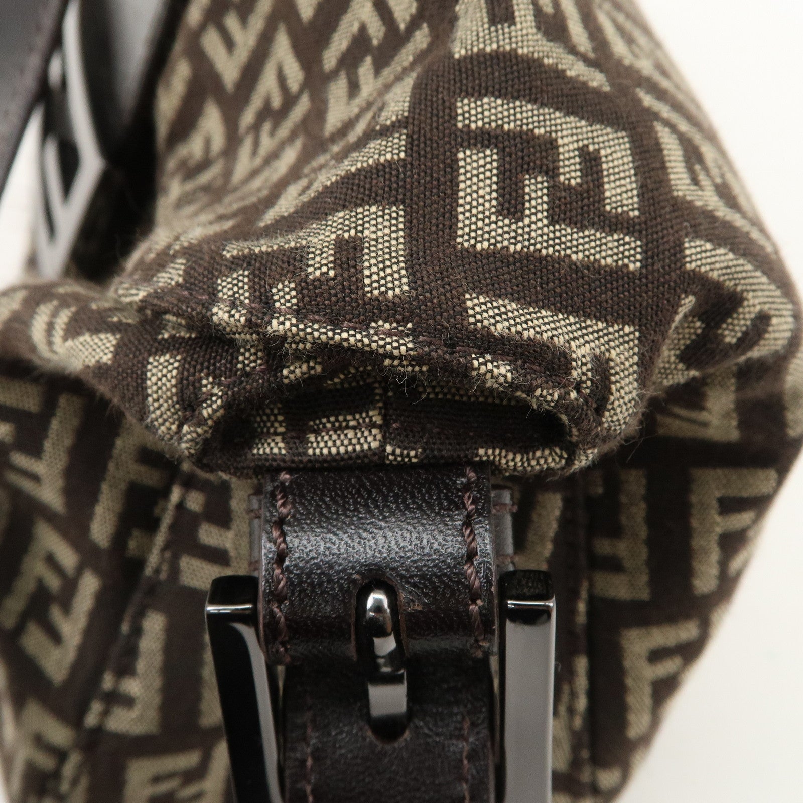 FENDI Zucchino Canvas Leather Shoulder Bag Brown Beige 8BR003