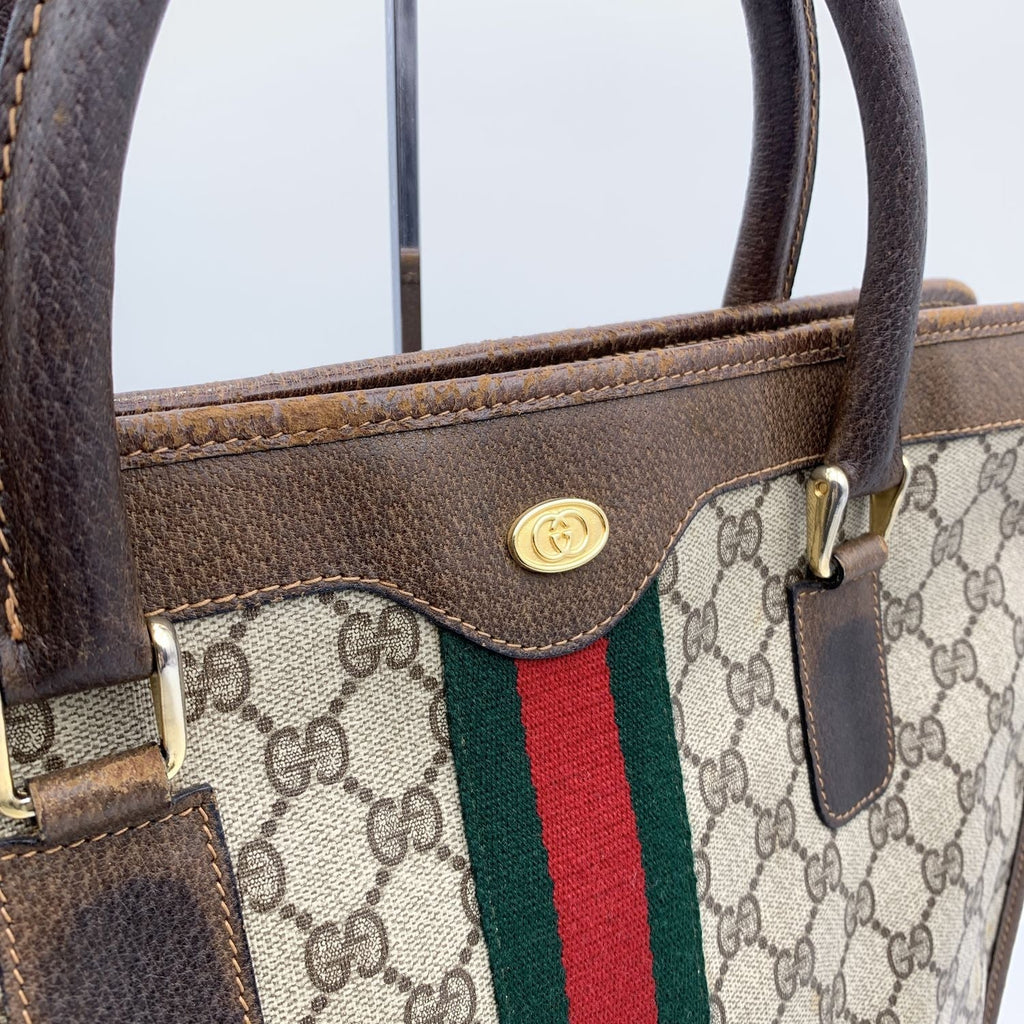 Gucci Vintage Brown Monogram Shopping Bag Tote with Stripes
