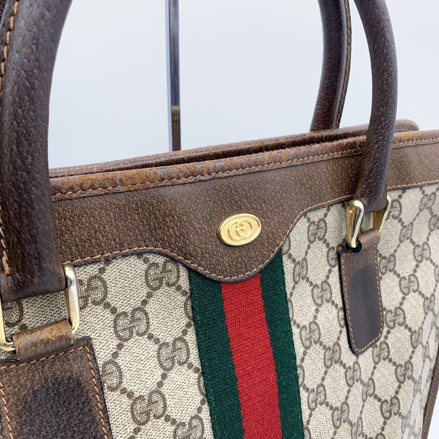 Gucci Vintage Brown Monogram Shopping Bag Tote with Stripes