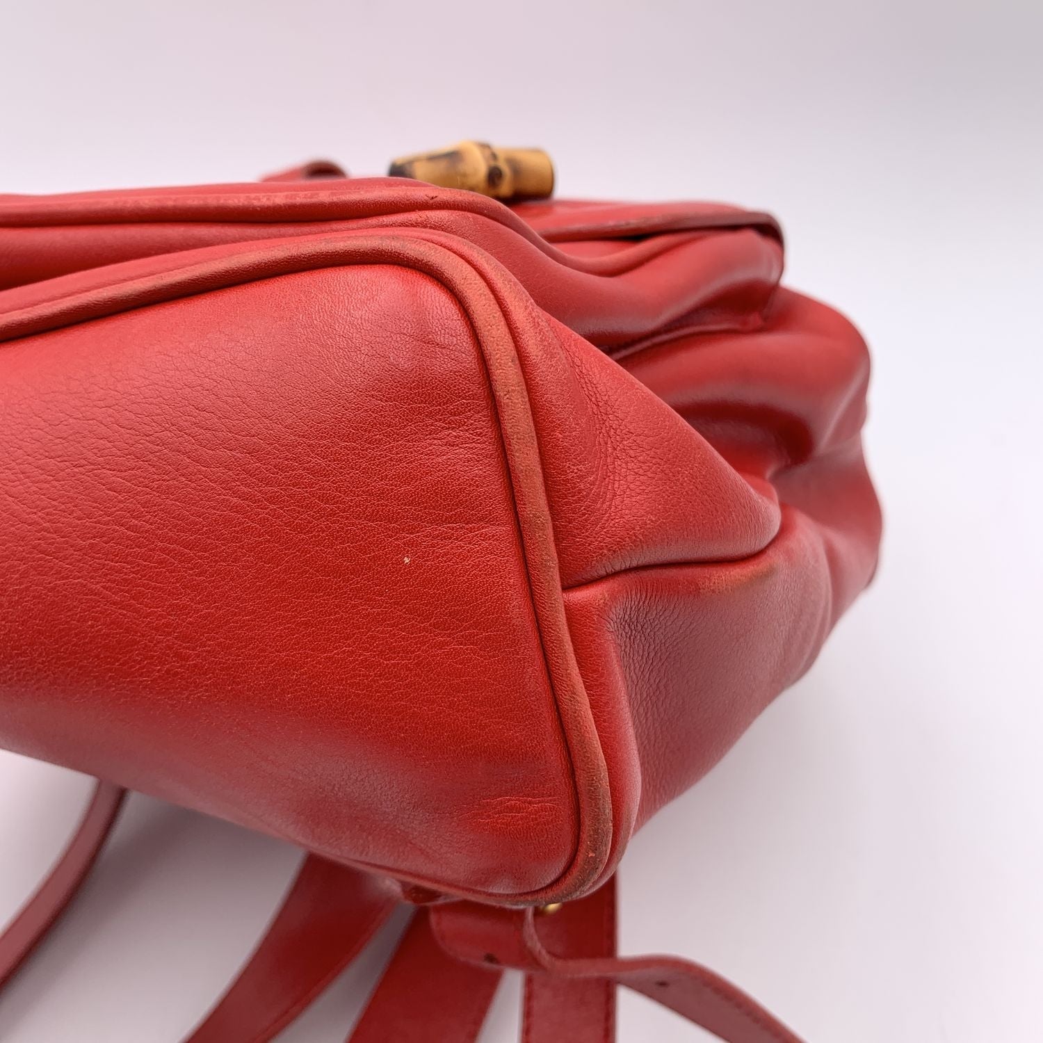 Gucci Vintage Red Leather Bamboo Backpack Shoulder Bag