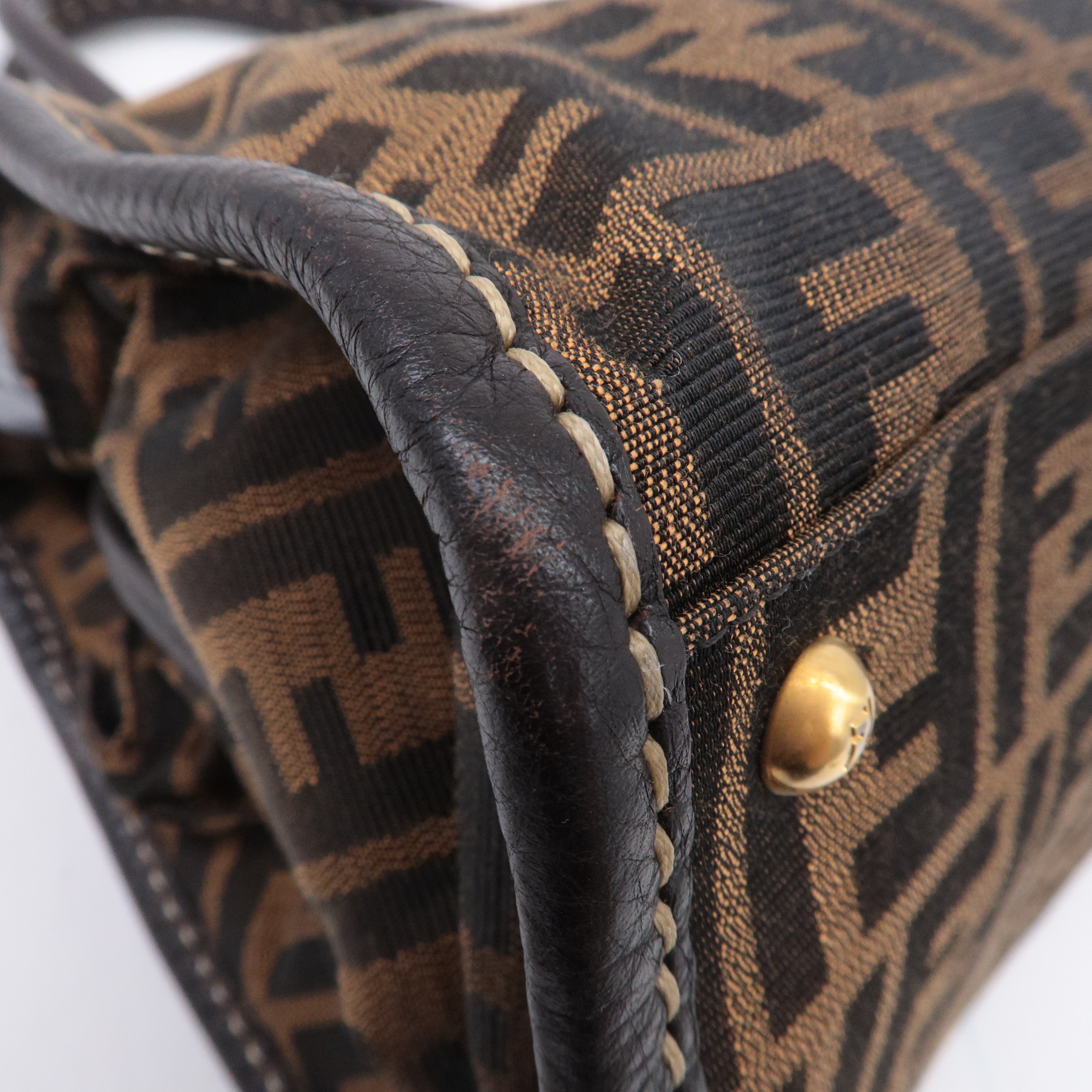 FENDI Selleria Zucca Canvas Leather Hand Bag Brown Black 8BN218