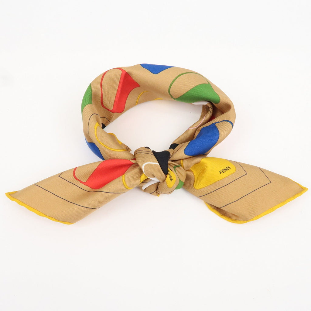 FENDI Silk 100% Scarf Bag Print Multi Color Beige