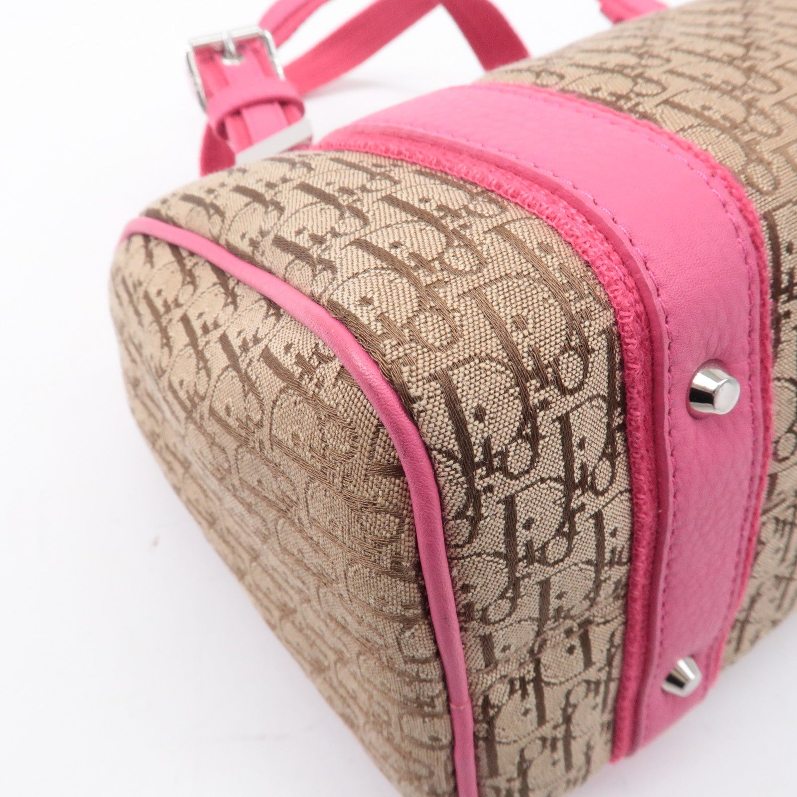 Christian Dior Trotter Canvas Leather Boston Bag Beige Pink