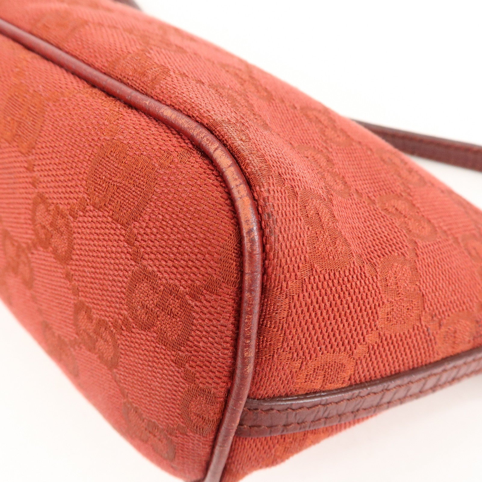 GUCCI Boat Bag GG Canvas Leather Hand Bag Pouch Red 07198