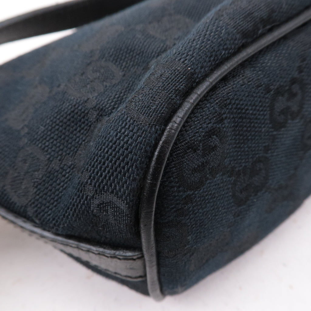 GUCCI Boat Bag Sherry GG Canvas Leather Pouch Black 141809