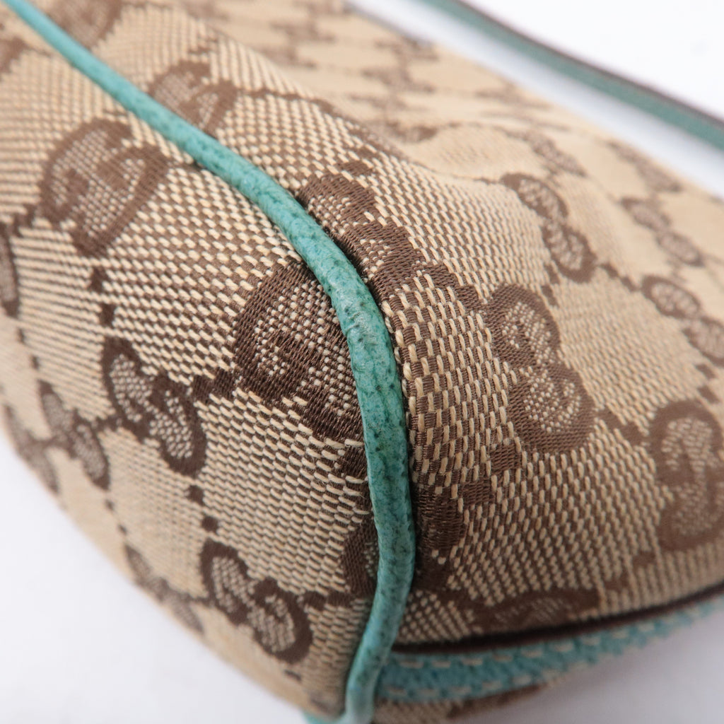 GUCCI Boat Bag GG Canvas Leather Pouch Emerald Green Beige 07198