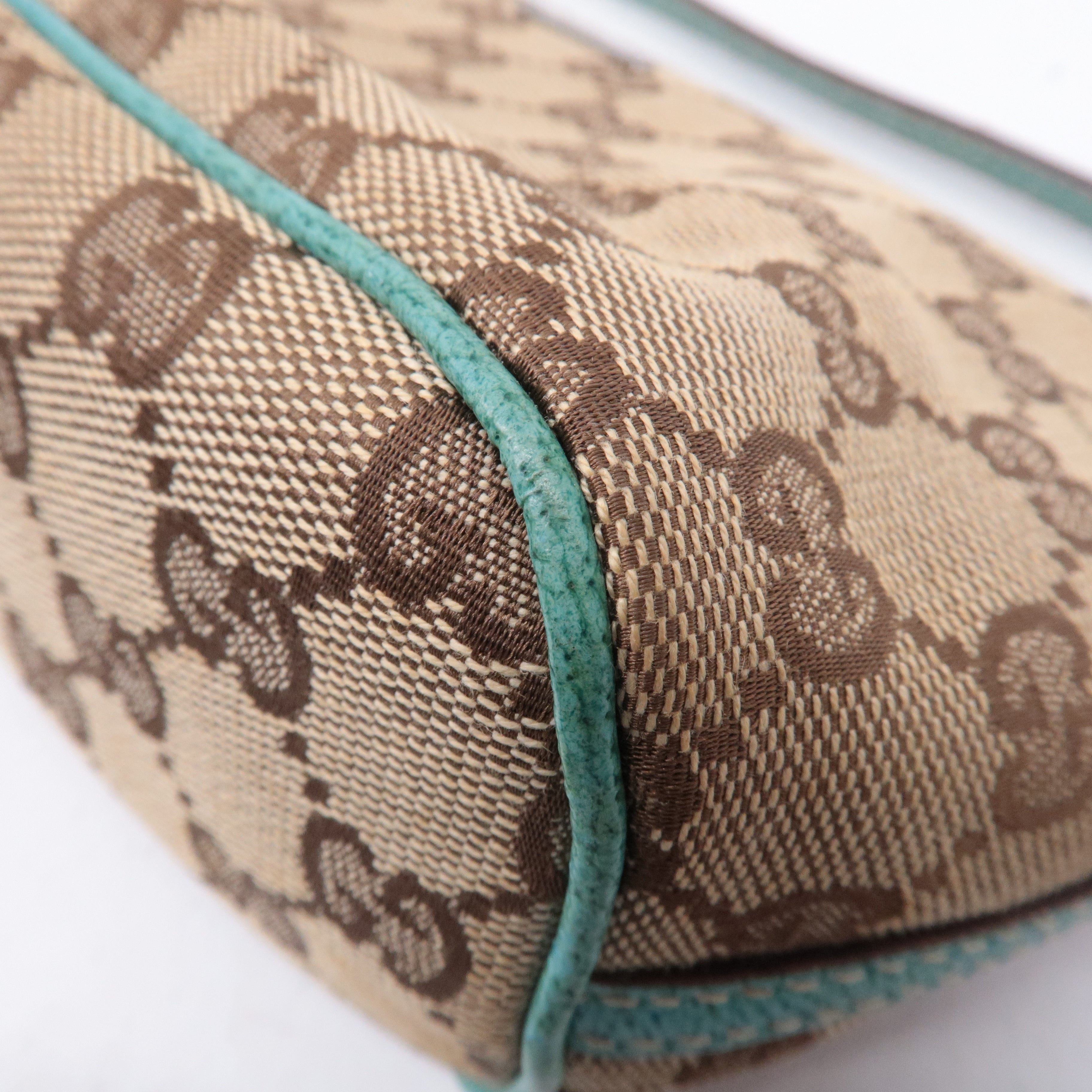GUCCI Boat Bag GG Canvas Leather Pouch Emerald Green Beige 07198