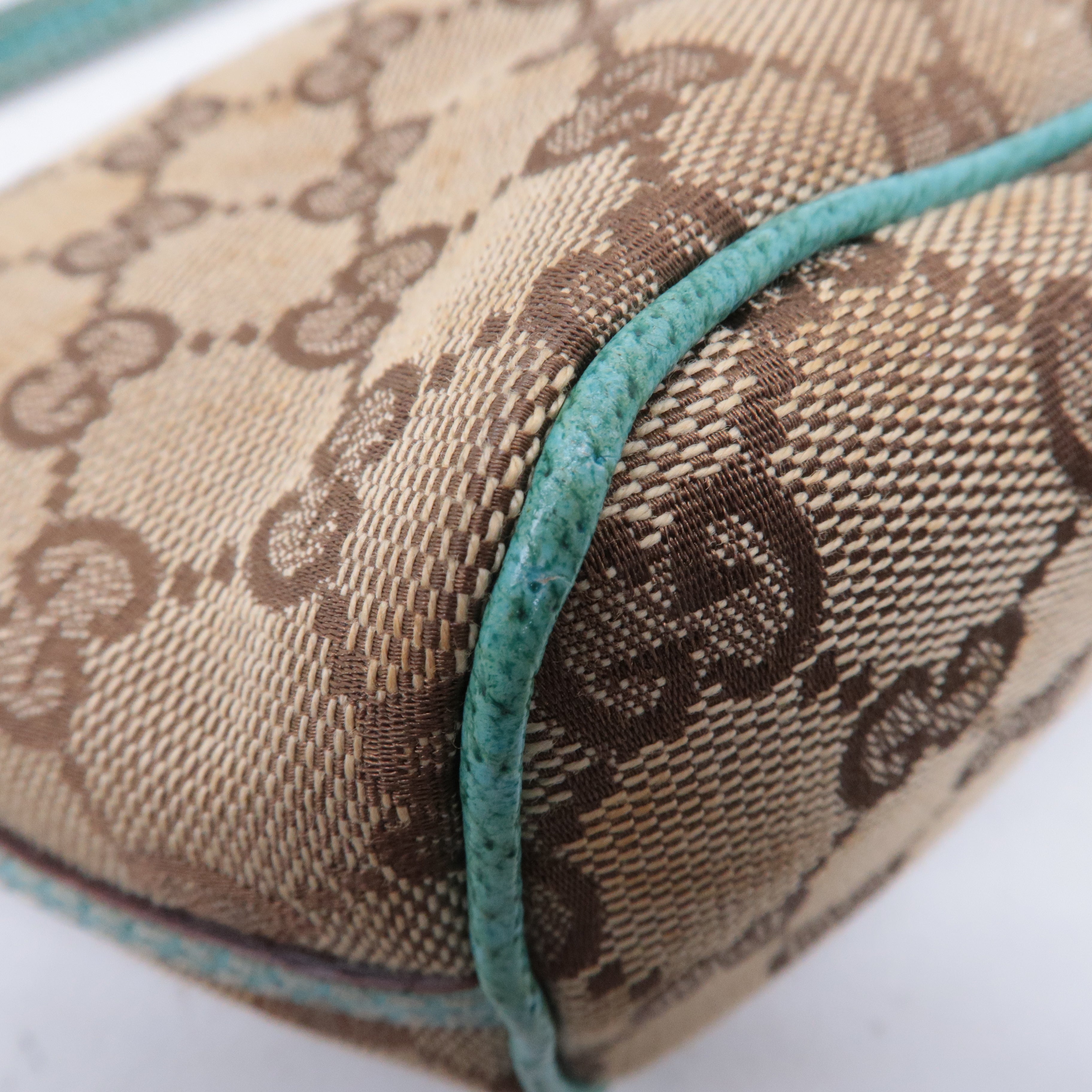 GUCCI Boat Bag GG Canvas Leather Pouch Emerald Green Beige 07198