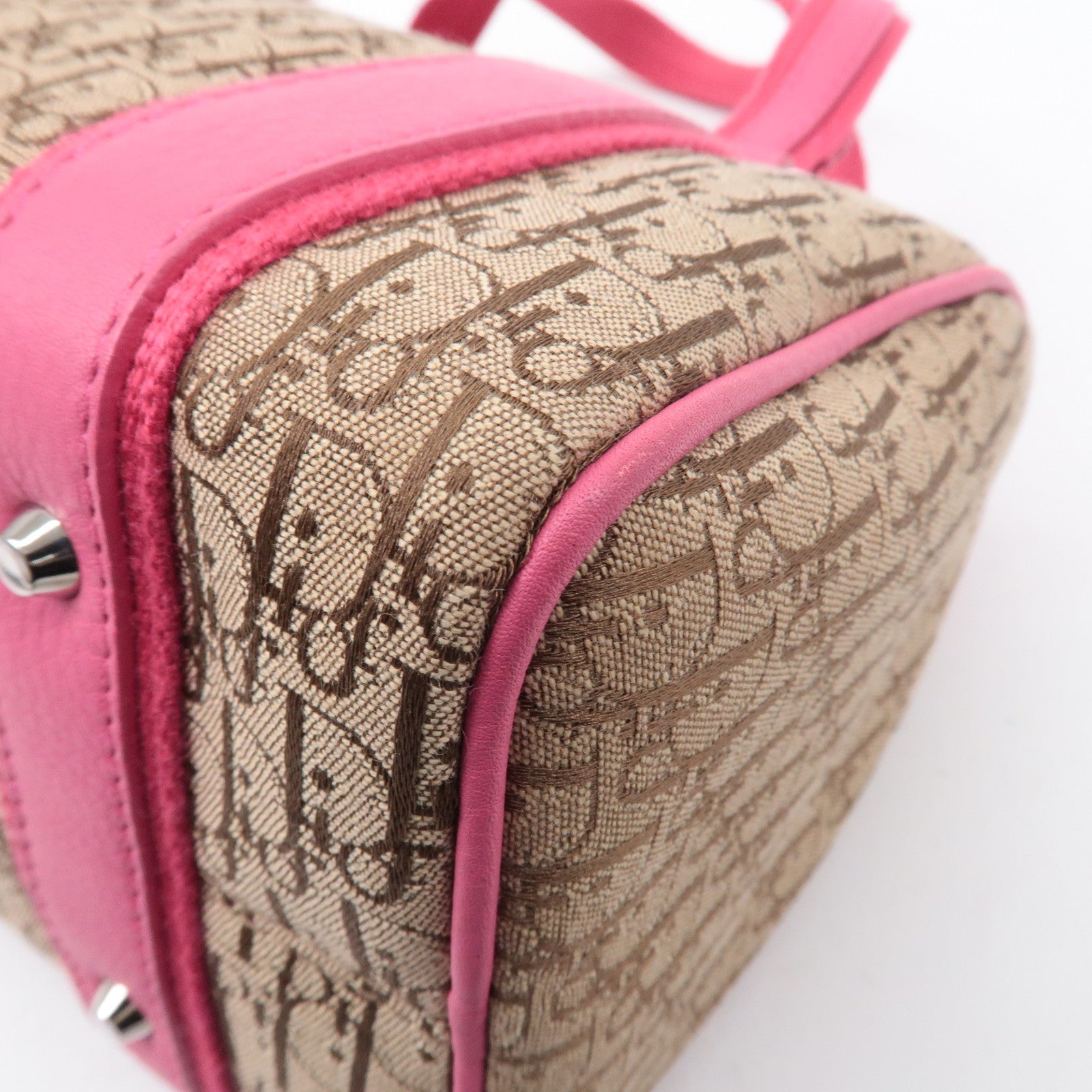 Christian Dior Trotter Canvas Leather Boston Bag Beige Pink