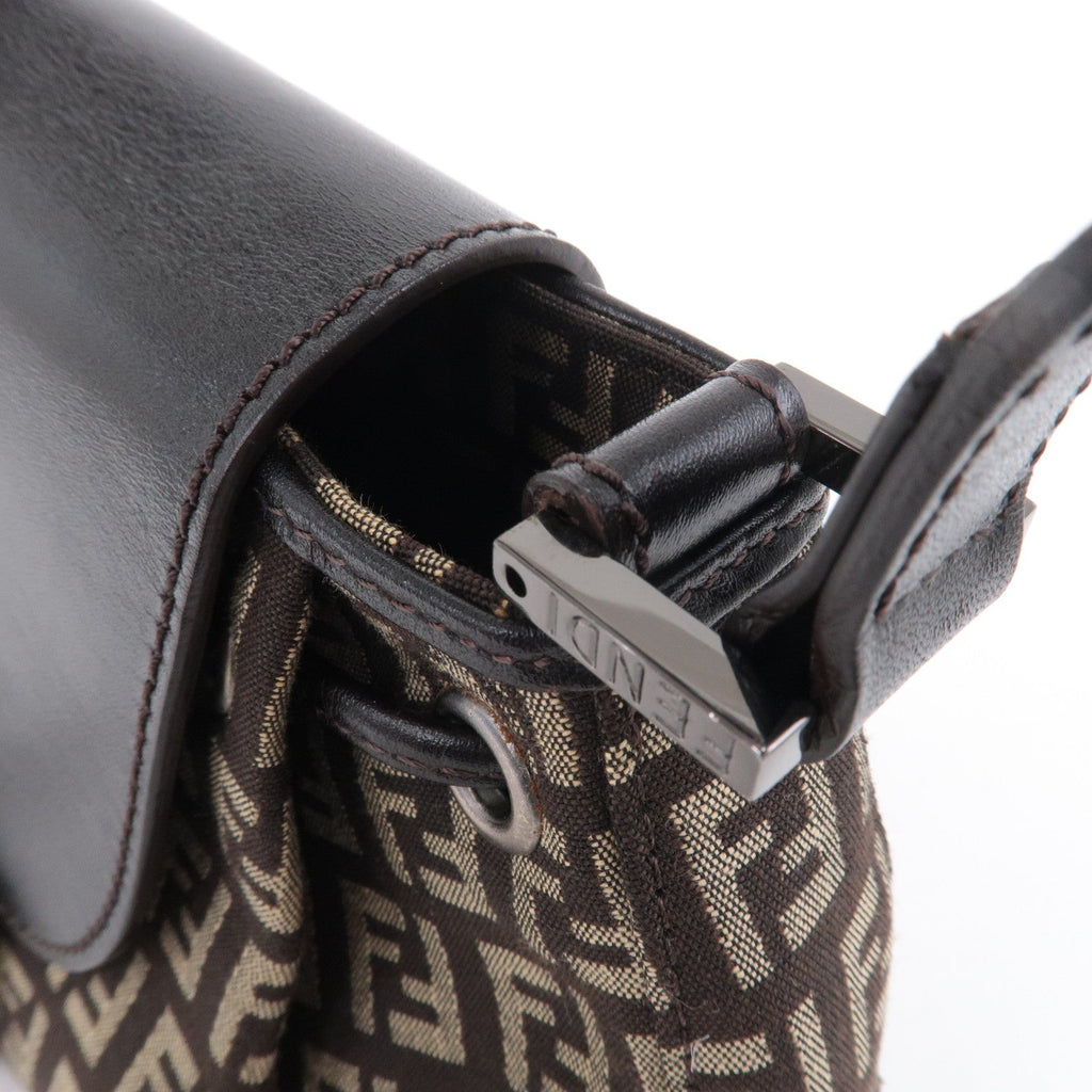 FENDI Zucchino Canvas Leather Shoulder Bag Brown Beige 8BR277