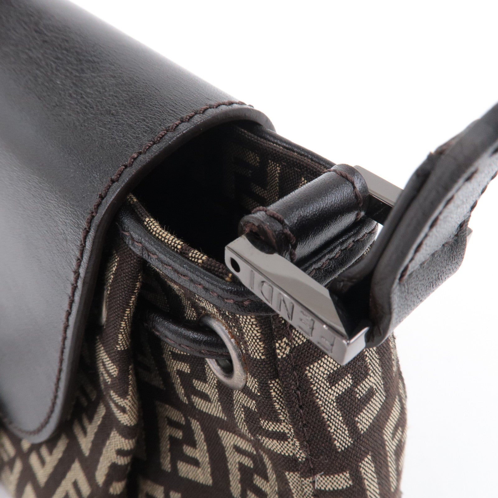 FENDI Zucchino Canvas Leather Shoulder Bag Brown Beige 8BR277
