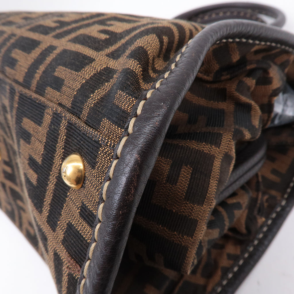 FENDI Selleria Zucca Canvas Leather Hand Bag Brown Black 8BN218