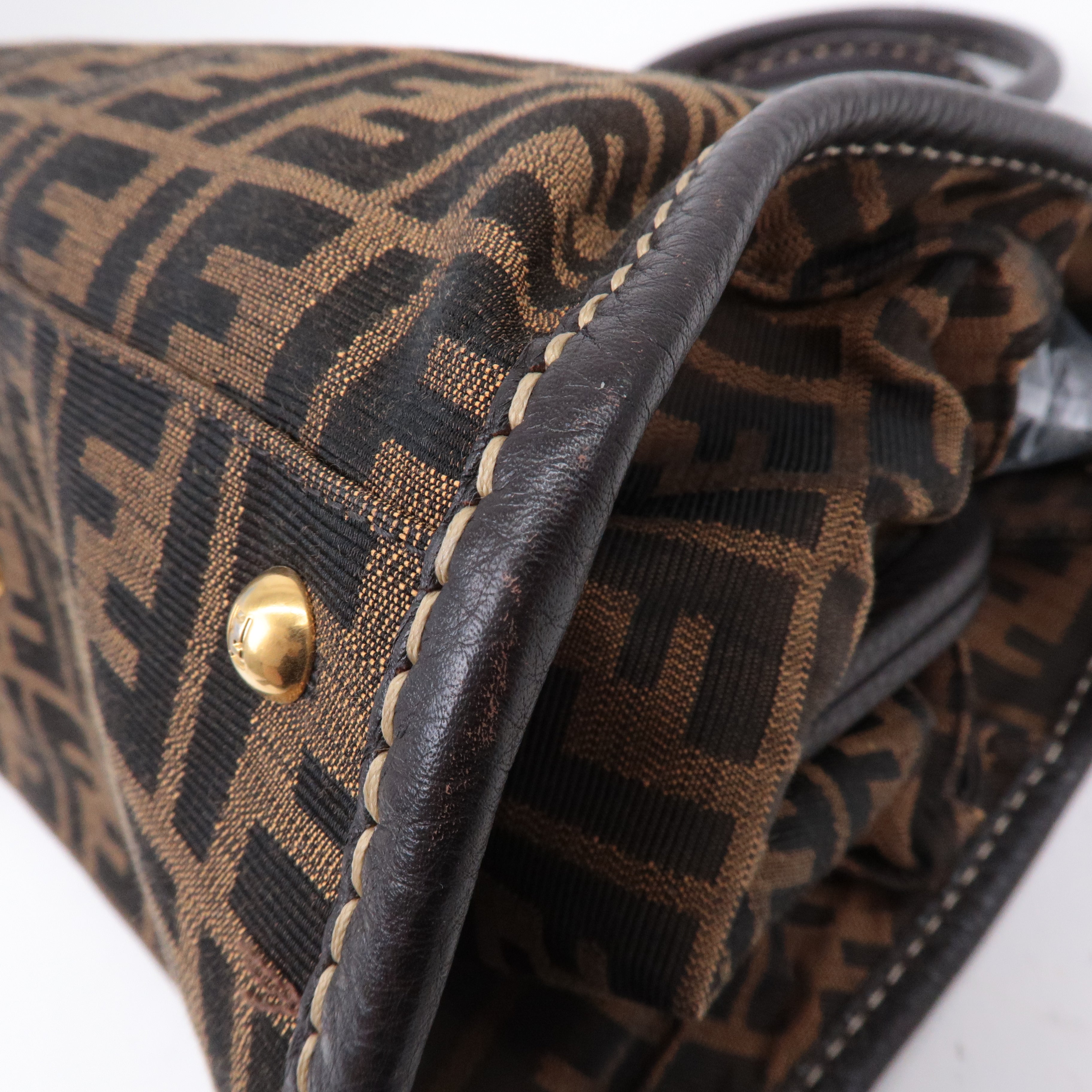 FENDI Selleria Zucca Canvas Leather Hand Bag Brown Black 8BN218