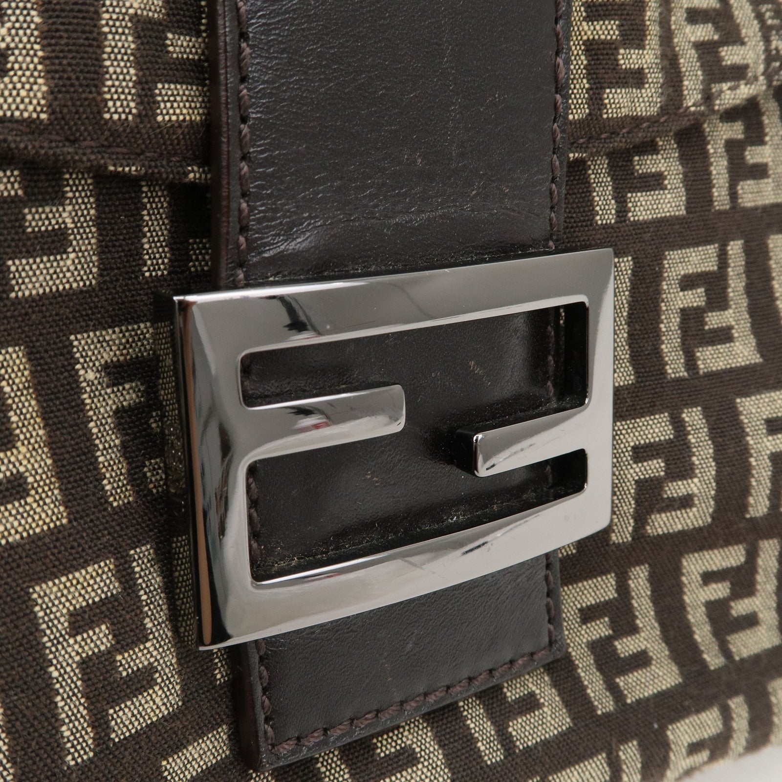 FENDI Zucchino Canvas Leather Shoulder Bag Brown Beige 8BR003
