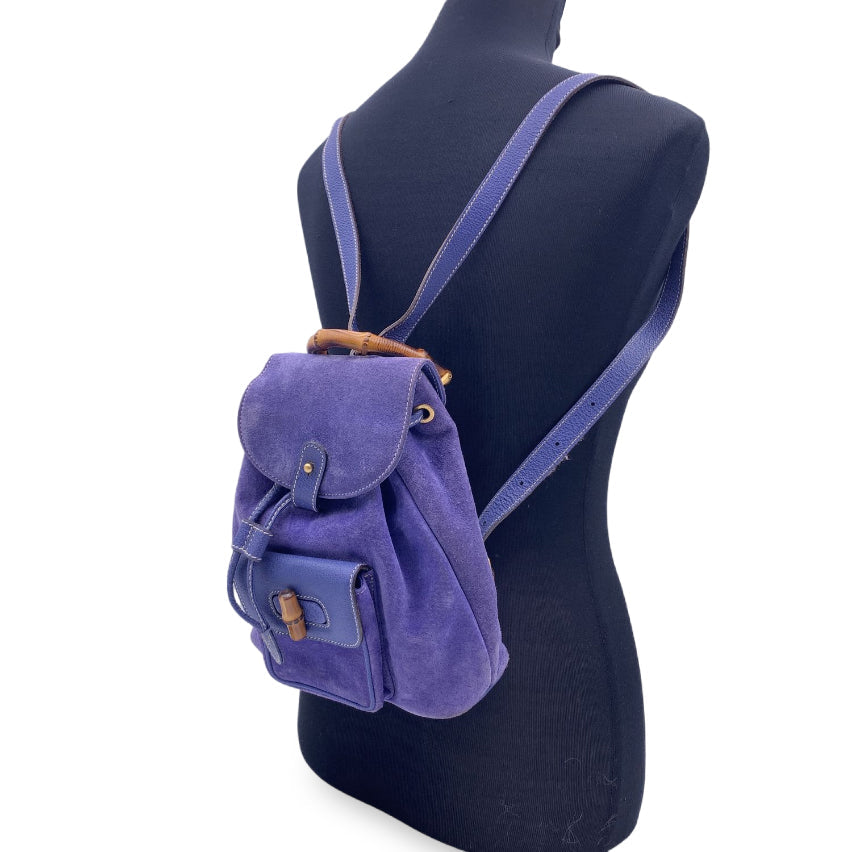 Gucci Vintage Perwinkle Suede Bamboo Small Backpack Shoulder Bag