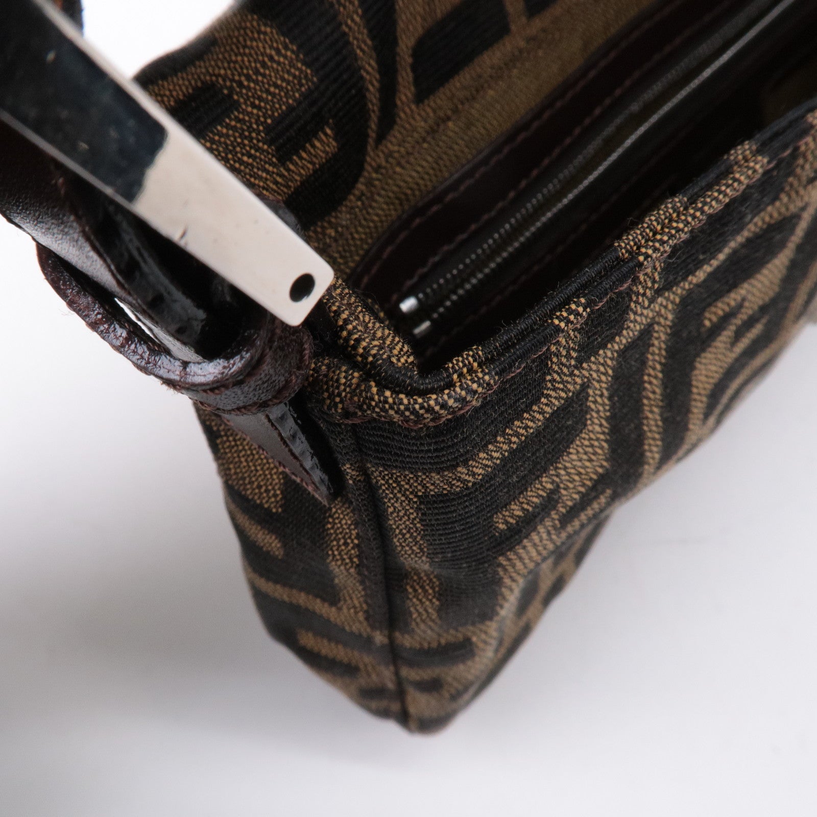FENDI Mamma Baguette Zucca Canvas Leather Shoulder Bag Brown 26424
