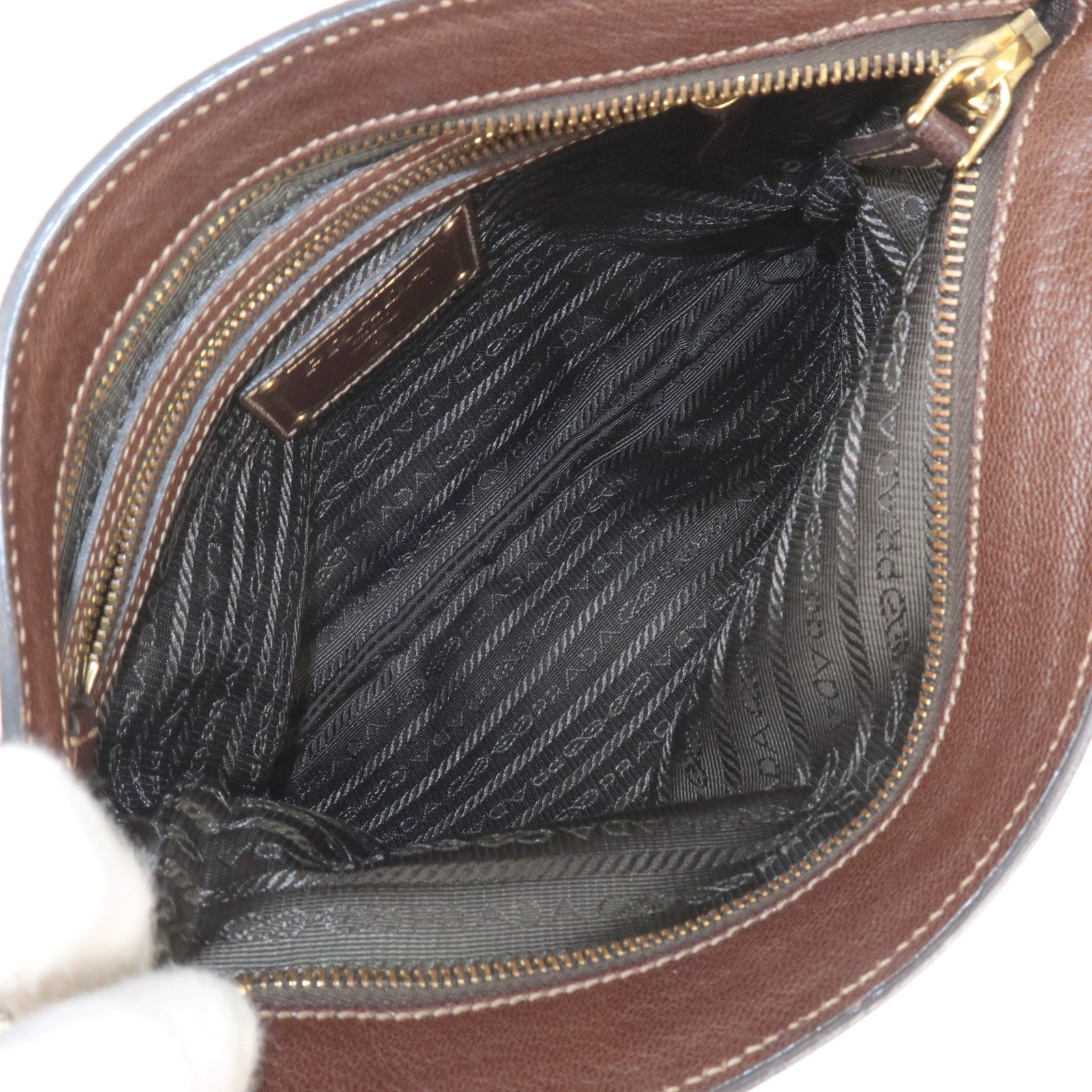 Prada Logo Jacquard Canvas Leather Shoulder Bag Brown