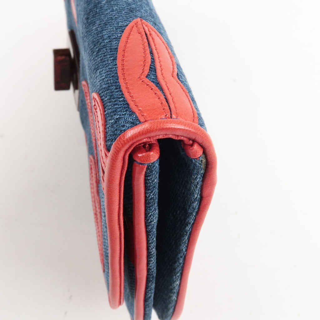 Prada Denim Leather Lip Motif Clutch Bag Pouch Blue BP489B