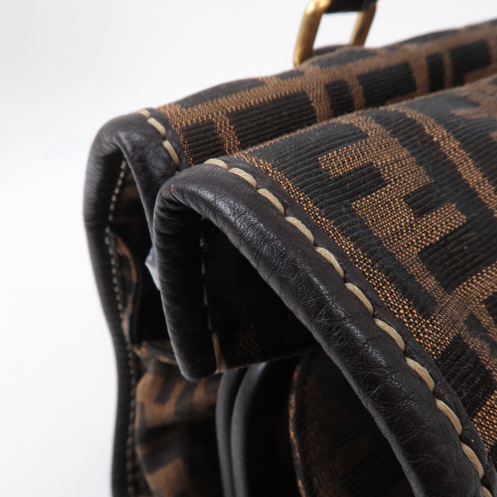 FENDI Selleria Zucca Canvas Leather Hand Bag Brown Black 8BN218