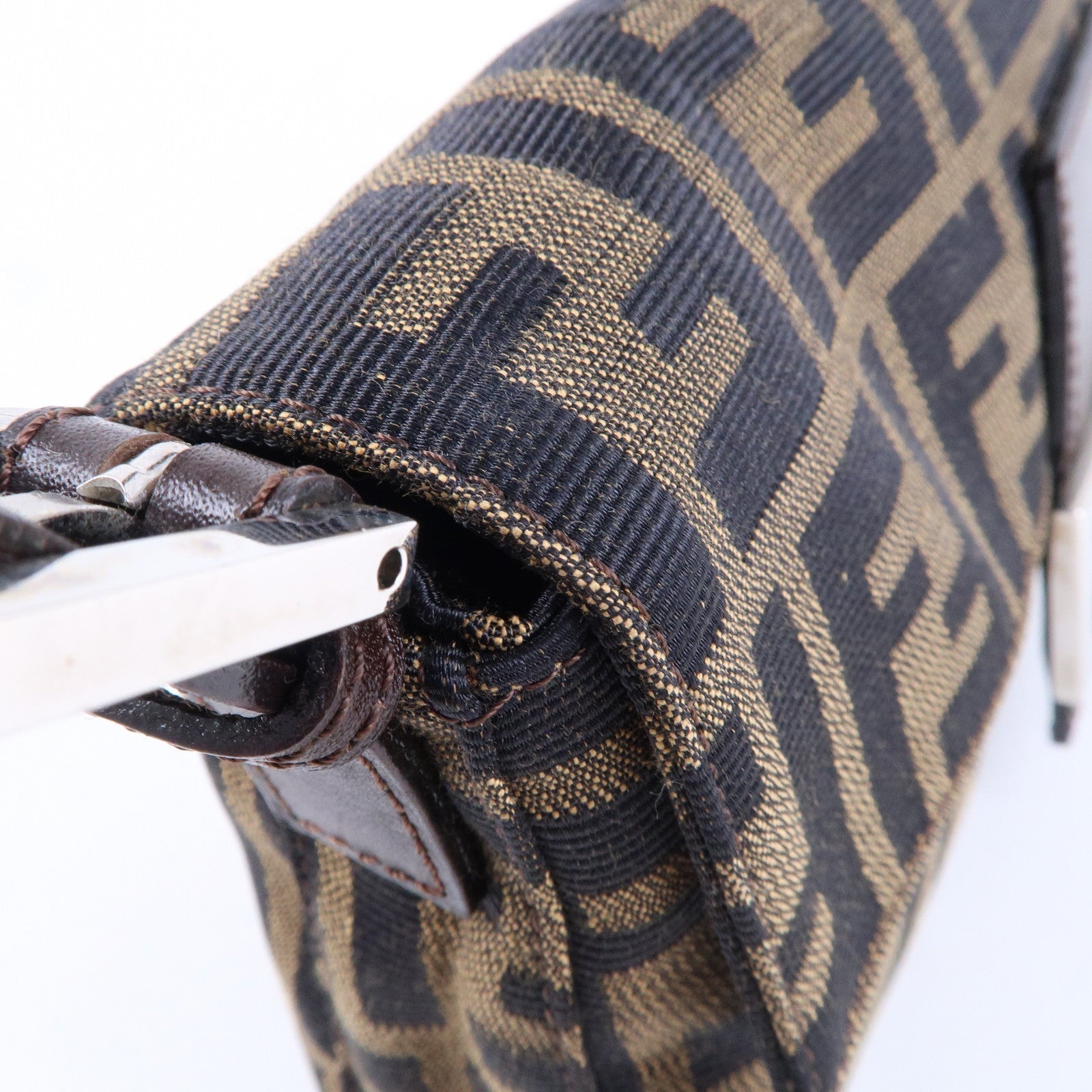FENDI Mamma Baguette Zucca Canvas Leather Shoulder Bag Brown 26424
