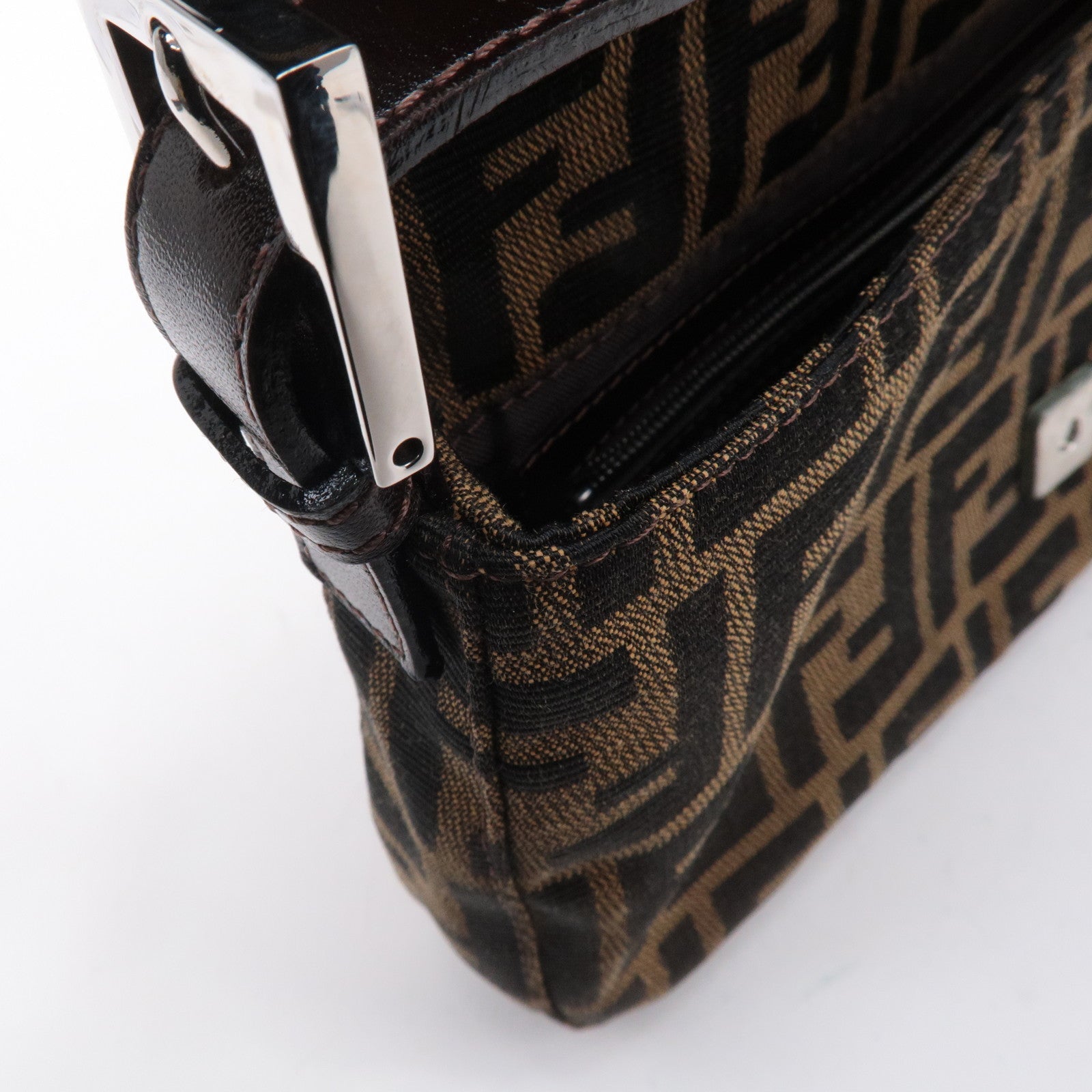 FENDI Mamma Baguette Zucca Canvas Leather Shoulder Bag Brown 26424