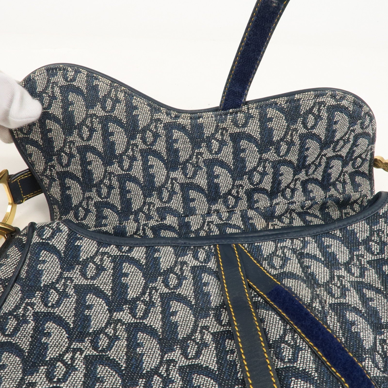 Christian Dior Saddle Bag Trotter Canvas Leather Shoulder Bag Navy