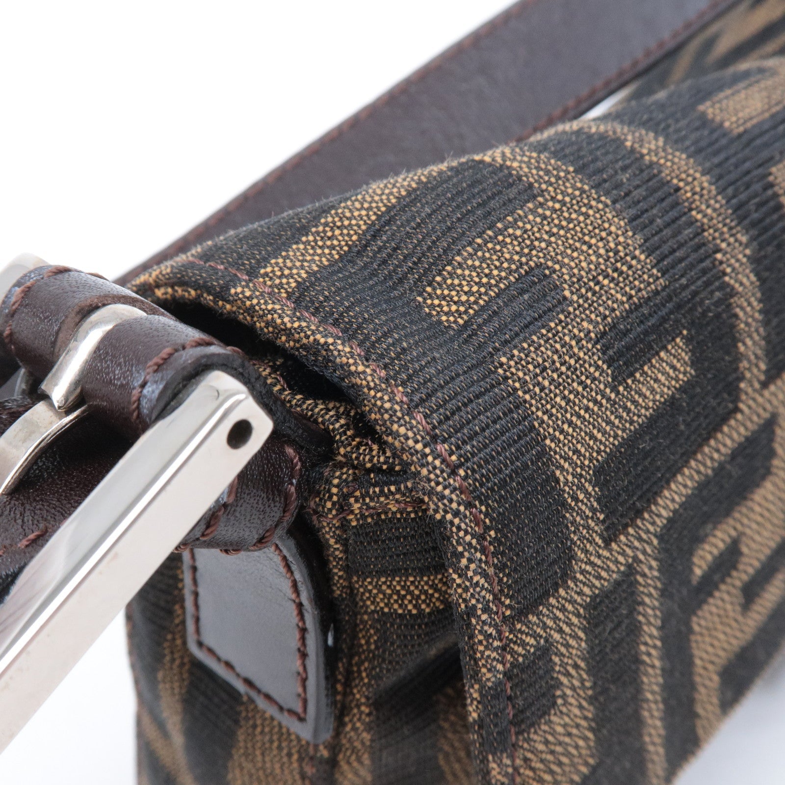 FENDI Mamma Baguette Zucca Canvas Leather Shoulder Bag Brown 26424