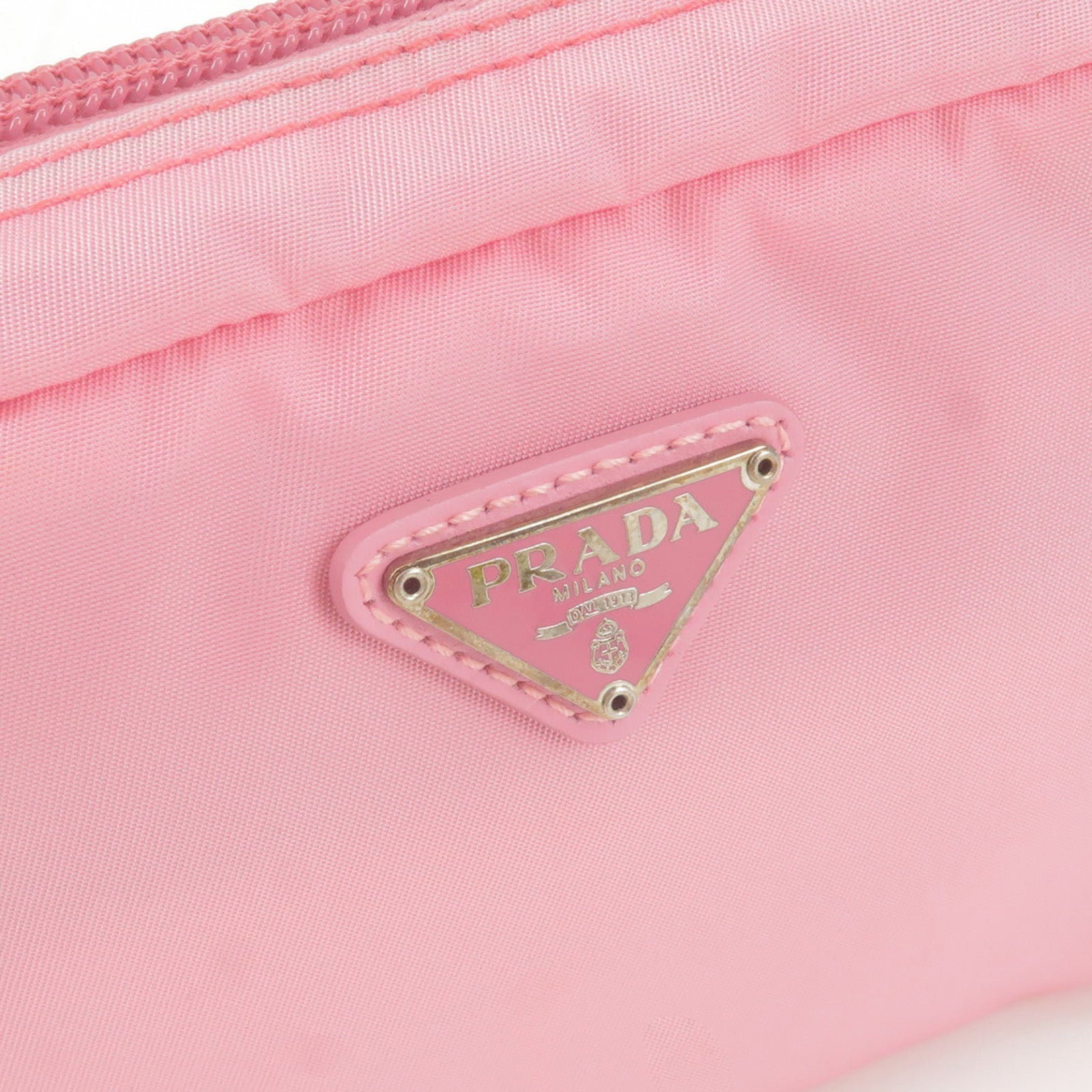 Prada Logo Nylon Leather Pouch Clutch Bag Pink MV340