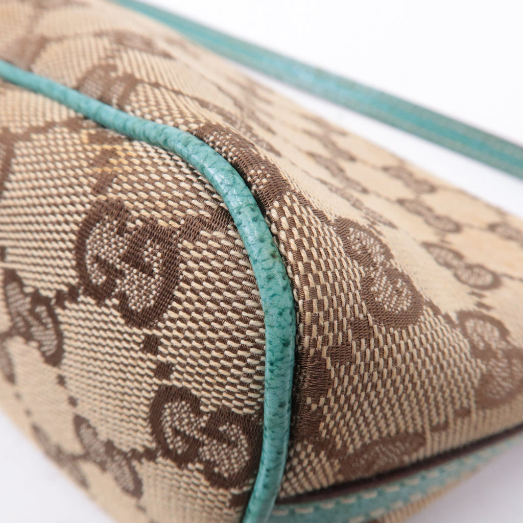 GUCCI Boat Bag GG Canvas Leather Pouch Emerald Green Beige 07198