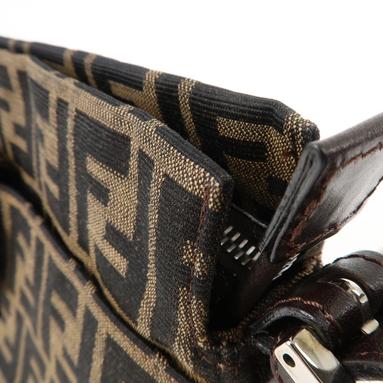 FENDI Zucca Canvas Leather Shoulder Bag Brown Black 26566