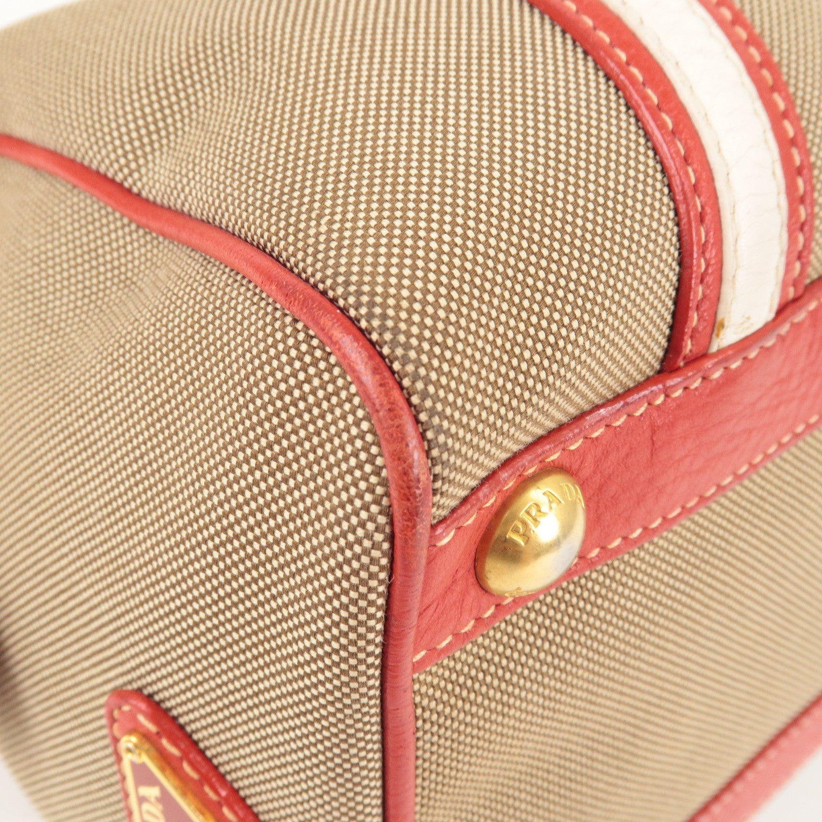 Prada Logo Jacquard Canvas Leather 2Way Shoulder Bag Beige Red