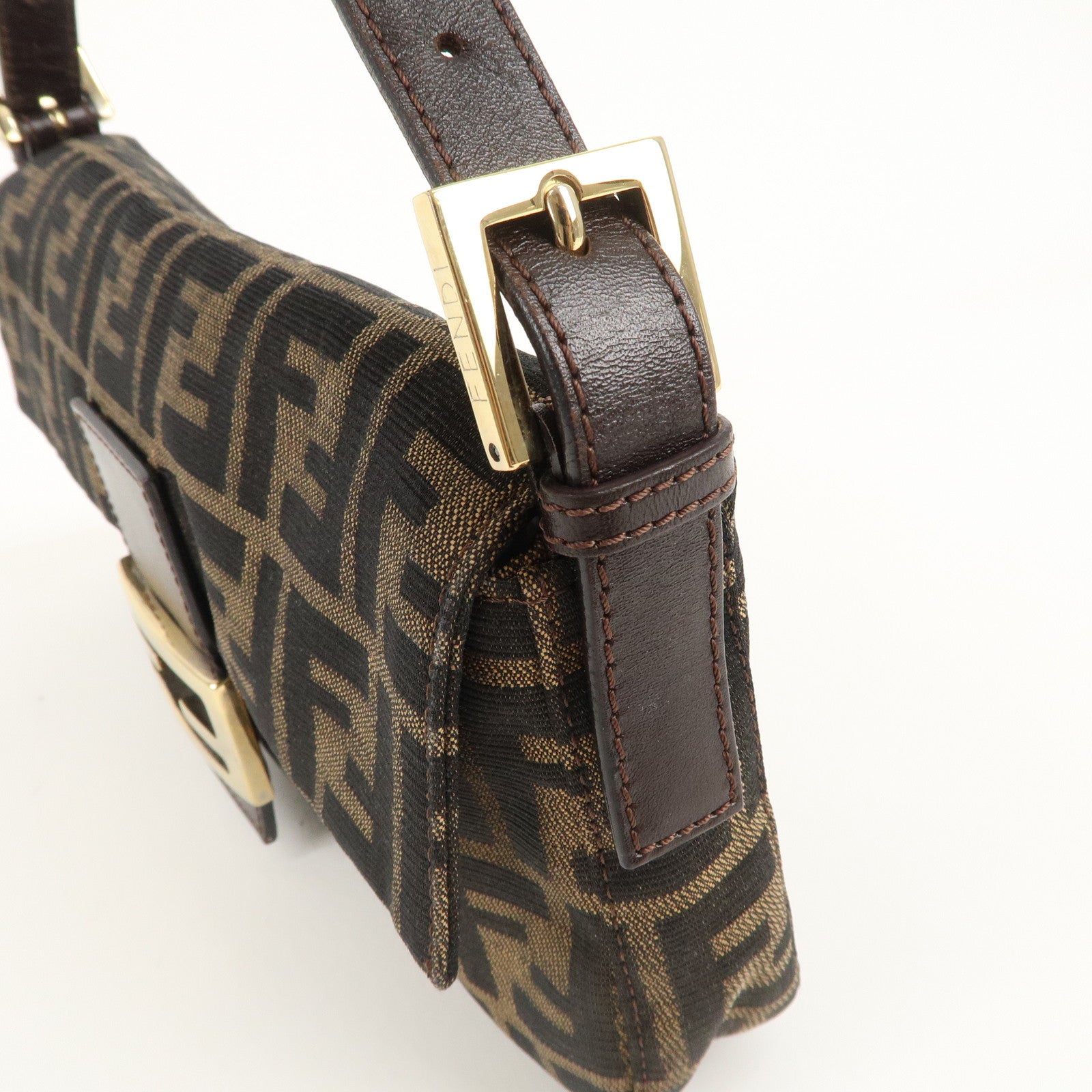 FENDI Mamma Baguette Canvas Leather Shoulder Bag Brown 26424