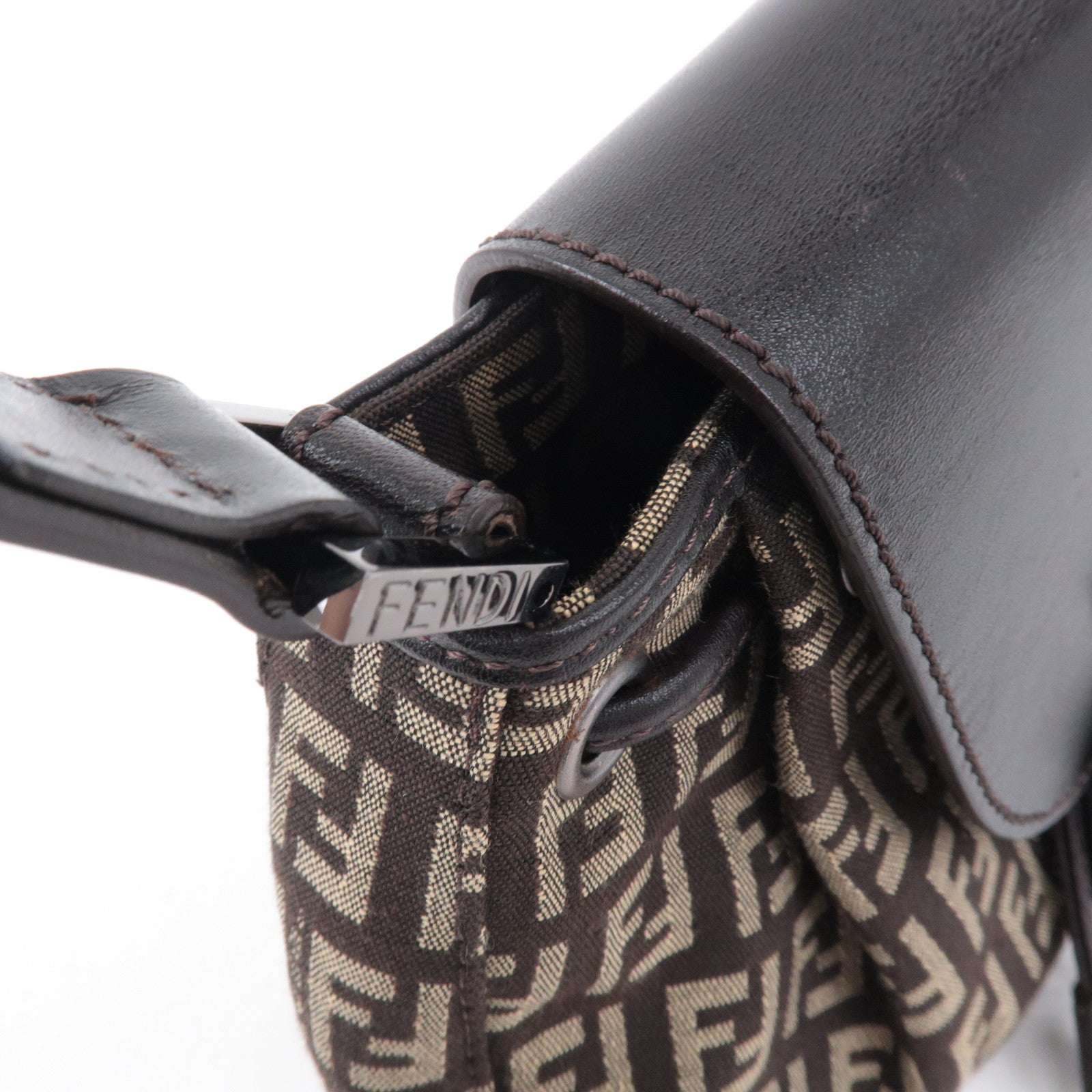 FENDI Zucchino Canvas Leather Shoulder Bag Brown Beige 8BR277