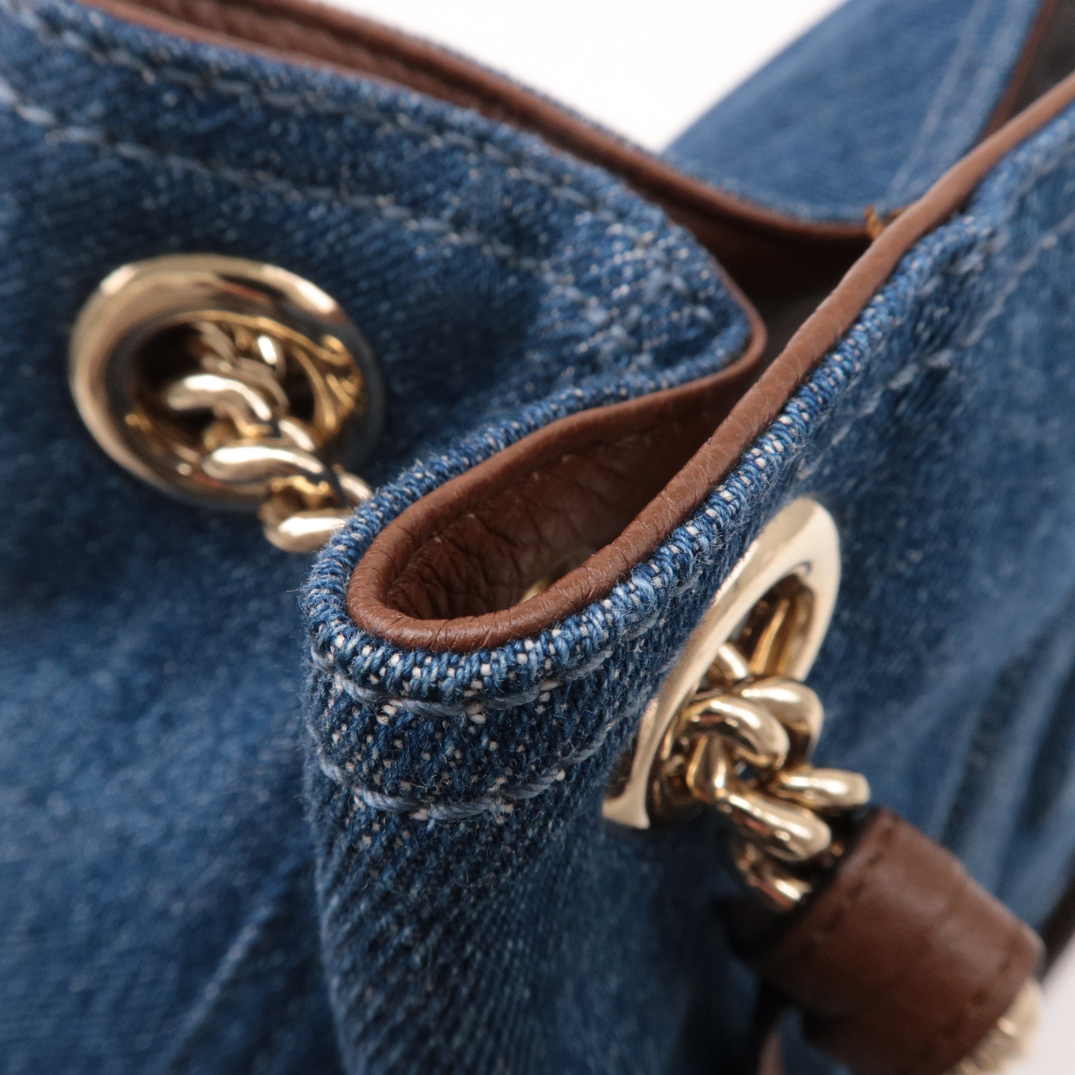 GUCCI SOHO Denim Leather Chain Shoulder Bag Blue Brown 308982