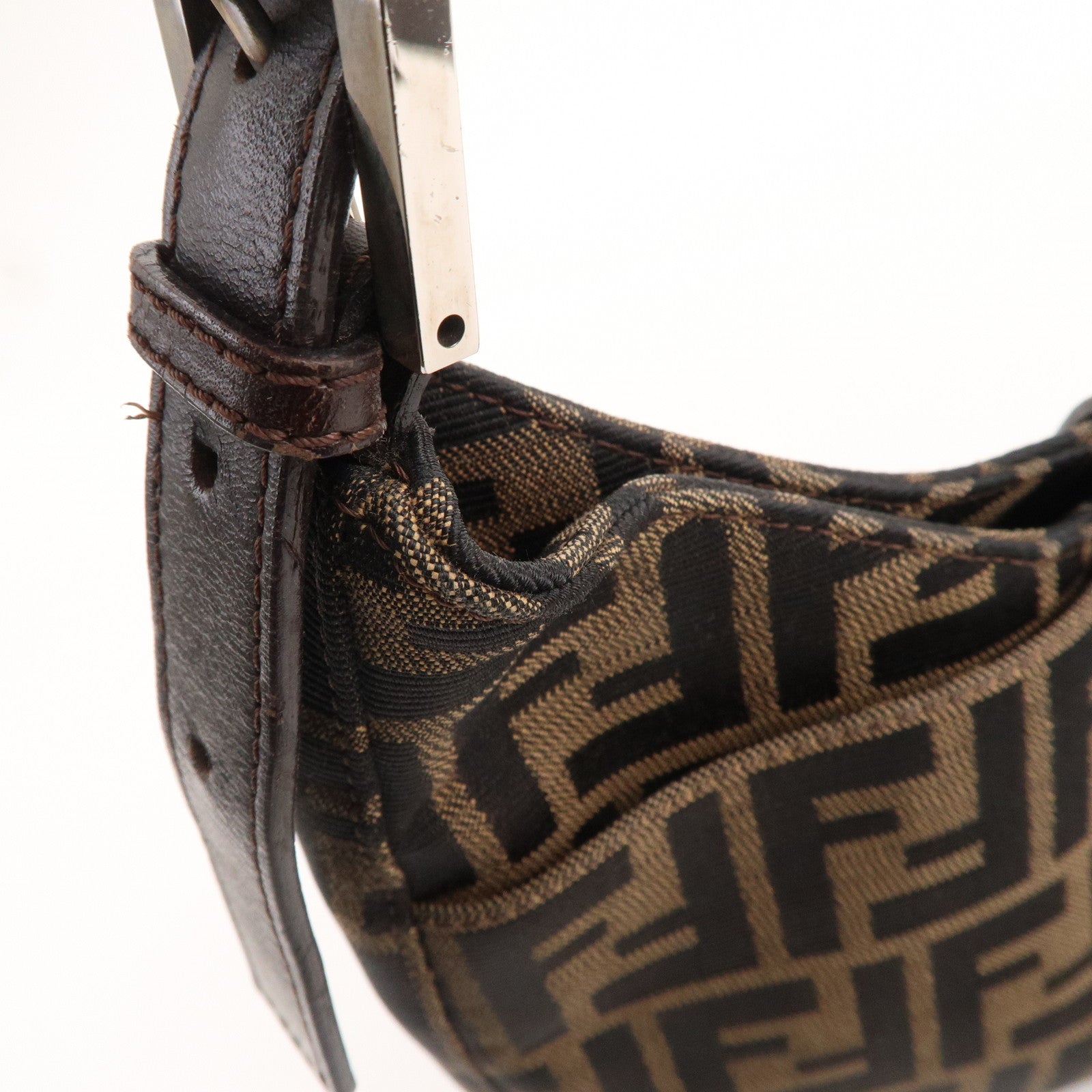FENDI Zucca Canvas Leather Shoulder Bag Brown Black 26569
